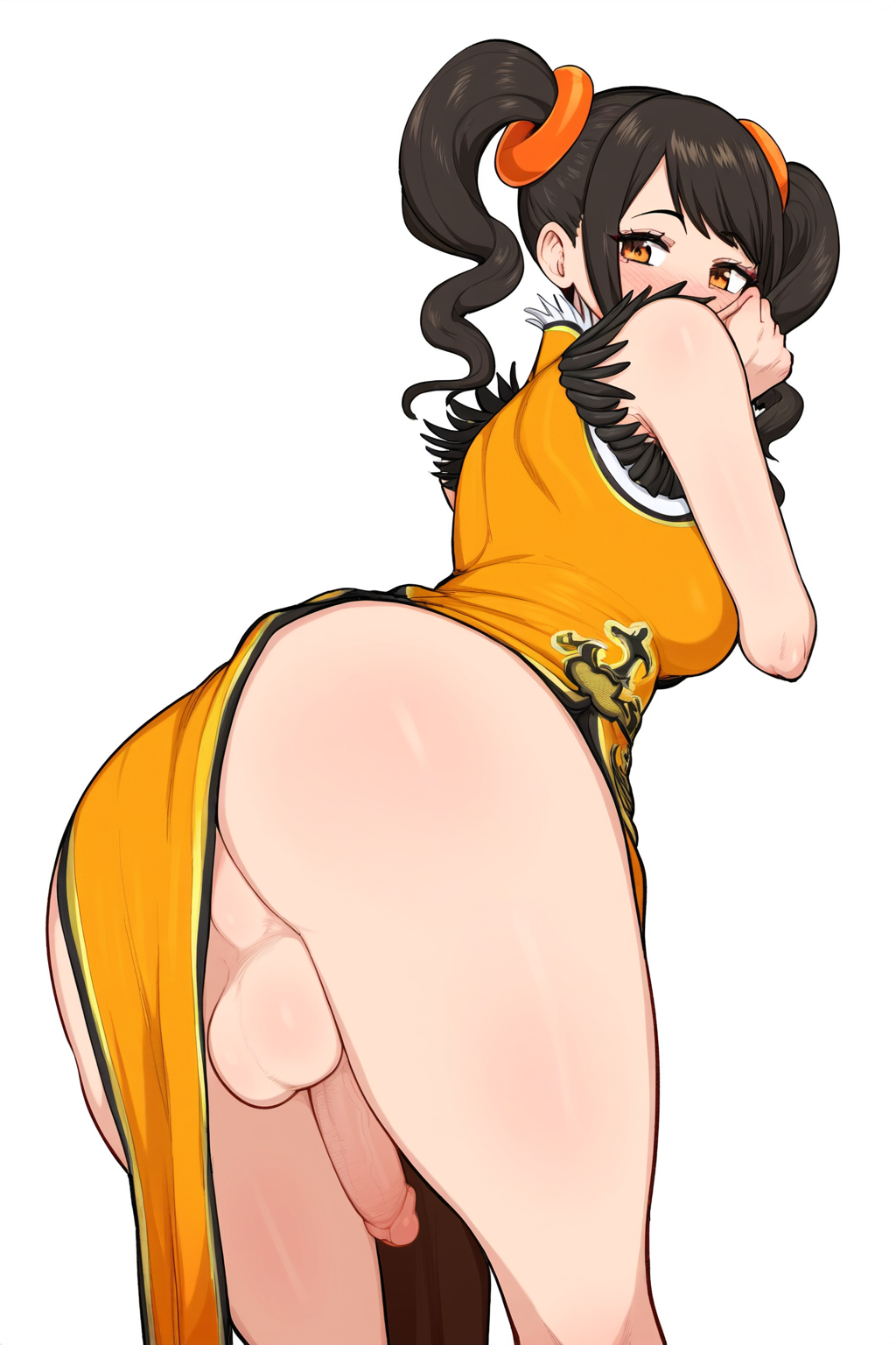 1futa, ai generated, ass, balls, bent over, big balls, blush, brown hair, china dress, from behind, futanari, intersex, ling xiaoyu, looking over shoulder, medium hair, no underwear, orange clothing, penis, perineum, shy, solo, standing, tagme, tekken, tekken 7, thighs, trans woman, transgender, transgender woman, trathick thighs, twintails, white background
