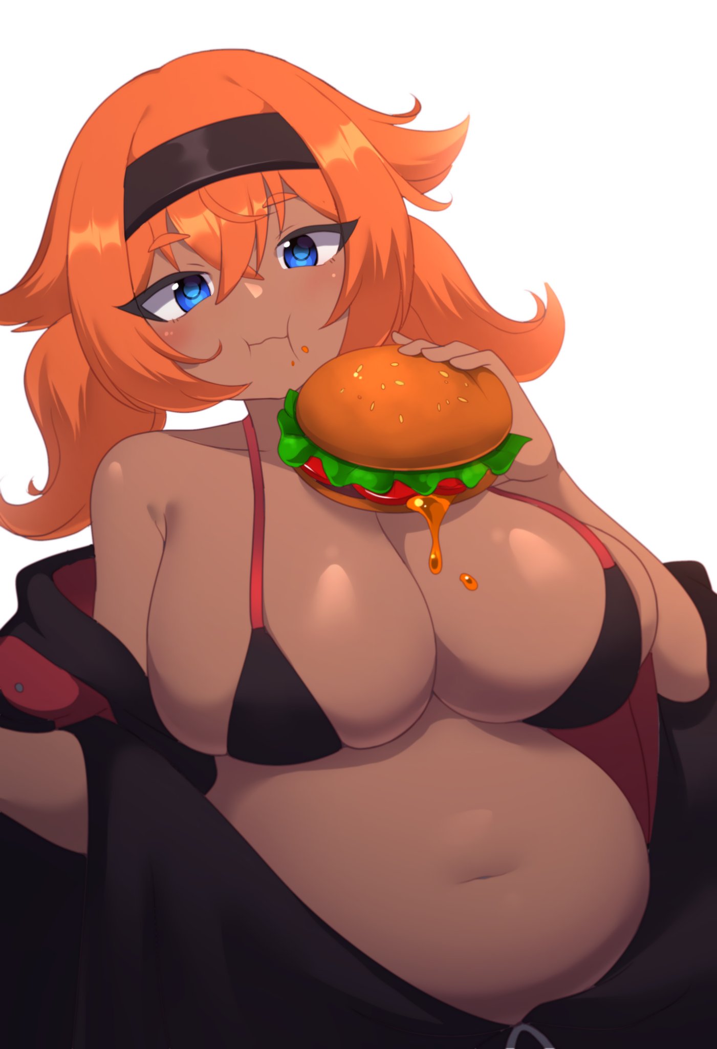 1girls big_breasts breasts breasts_out chubby chubby_female covered_nipples dark-skinned_female dark_skin eating eating_food fangame fangame_character female female_focus female_only hamburger moira_(pokemon) moira_(pokemon_reminiscencia) naelle nipples nude nude_female orange_hair pokemon pokemon_fangame pokemon_reminiscencia twintails