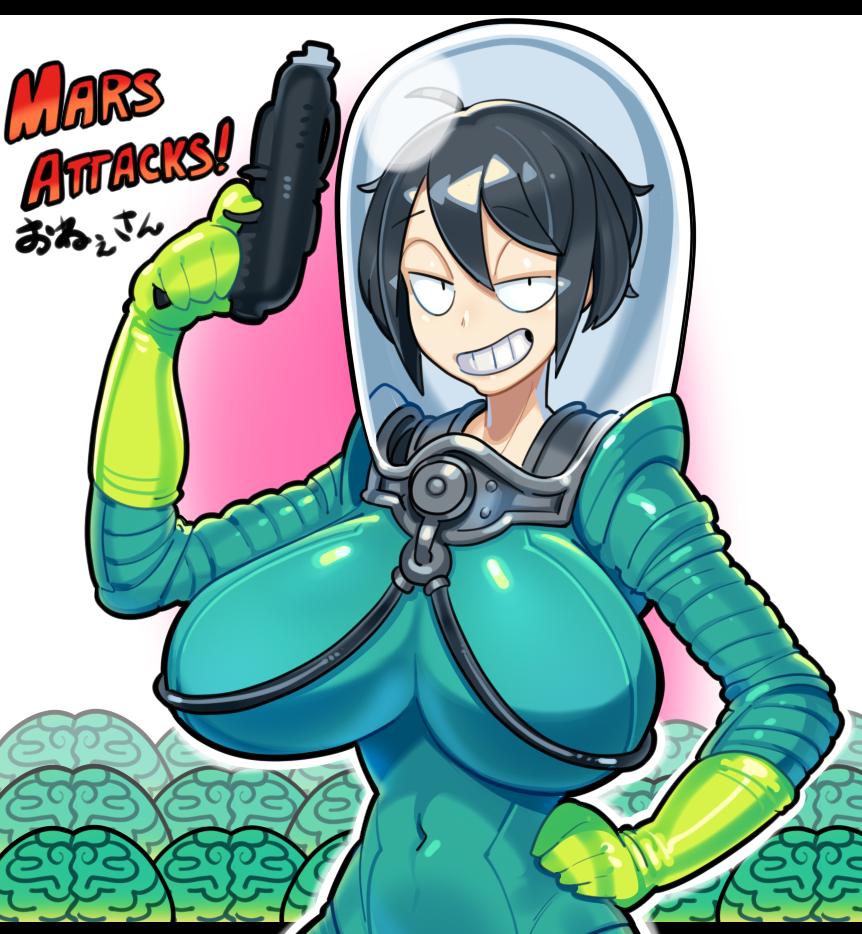 30th_video_rentals alternate_costume big_breasts bodysuit breasts color cosplay fanart fully_clothed gloves grin gun hand_on_hip helmet huge_breasts hyper_breasts indie_virtual_youtuber kataochi_chuuko laser_gun looking_at_viewer mars_attacks nakako_kataochi pistol sidotama smile space_gun space_helmet spacesuit tight_clothing top_heavy virtual_youtuber wide_hips