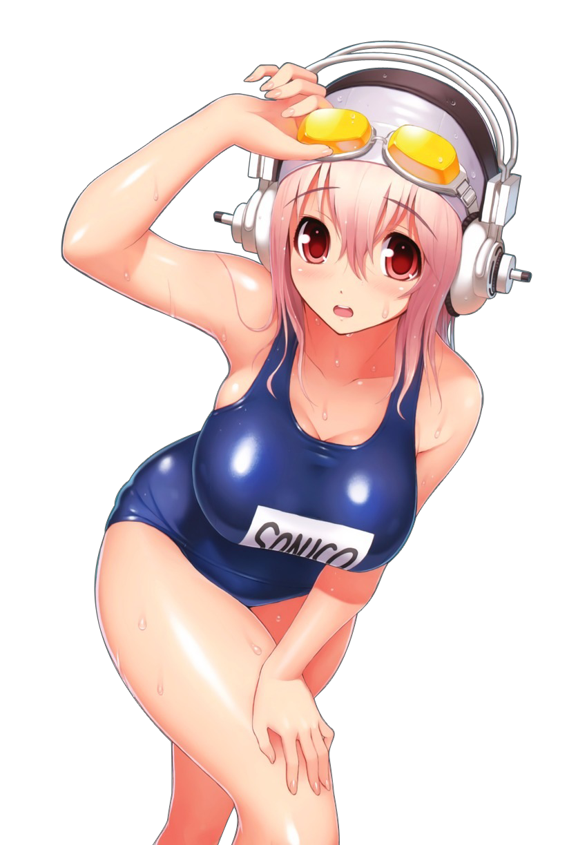 1girls bangs bare_legs bare_shoulders breasts clavicle goggles headphones leaning_forward looking_at_viewer nitroplus official_art pink_hair red_eyes shiny_skin super_sonico swim_cap swimsuit swimwear tagme thighs transparent_background tsuji_santa wet_body wet_hair