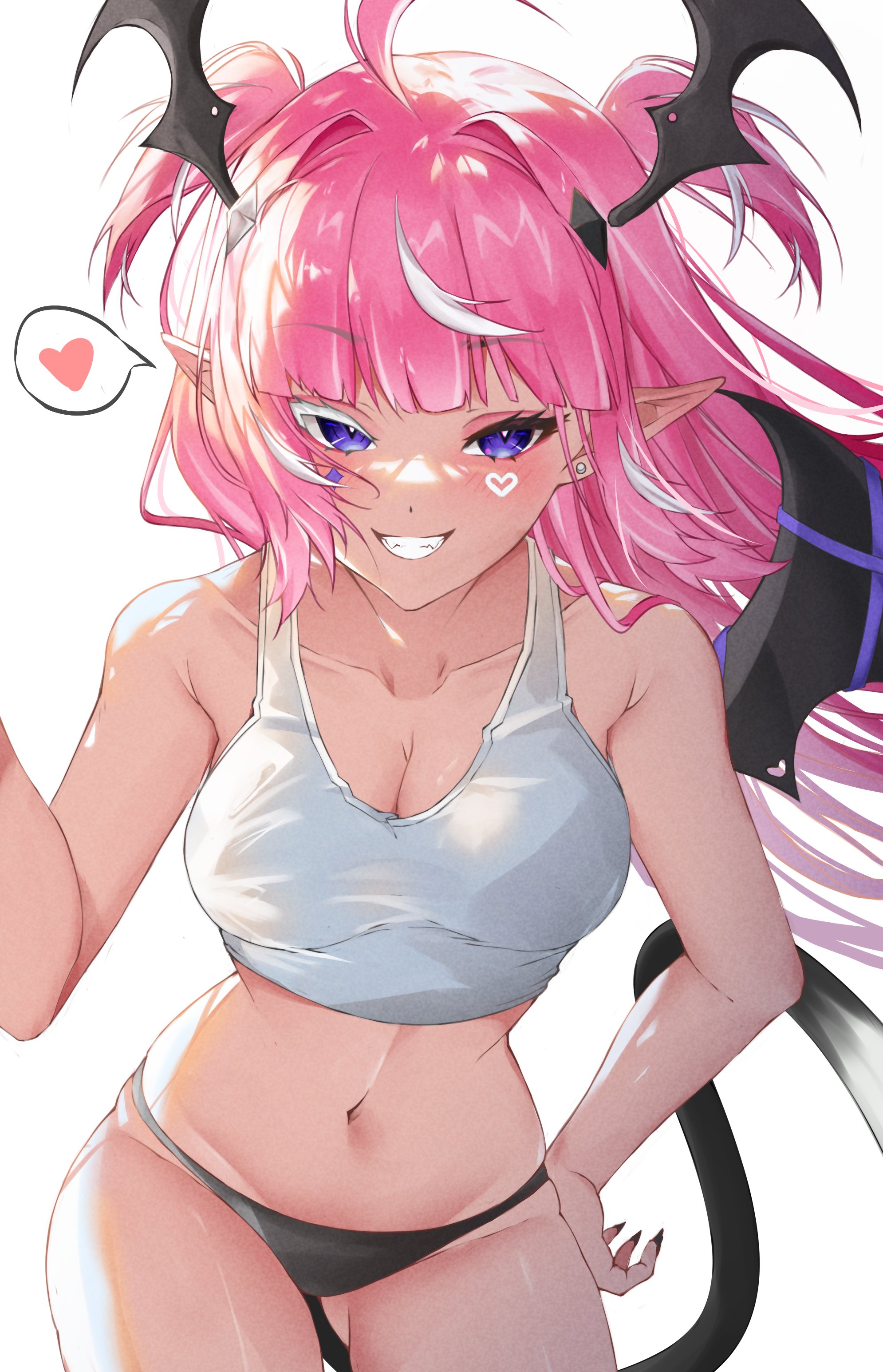 ahoge, bangs, black panties, blush, breasts, camila (vtuber), cleavage, collarbone, demon, demon girl, demon tail, demon wings, facial mark, female, grin, hand on hip, head wings, heart, indie virtual youtuber, large breasts, long hair, looking at viewer, marking below eyes, multicolored hair, navel, panties, pink hair, pointy ears, purple eyes, simple background, smile, solo, spoken heart, streaked hair, succubus, tail, two side up, underwear, virtual youtuber, white background, white hair, wings