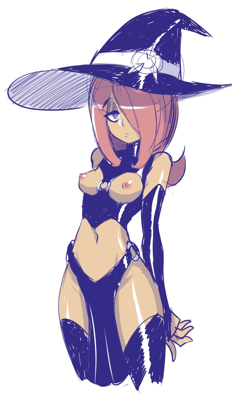 bigdeadalive, breasts, breasts out, female, hair over one eye, hips, little witch academia, looking at viewer, revealing outfit, sketch, sucy manbavaran, witch hat