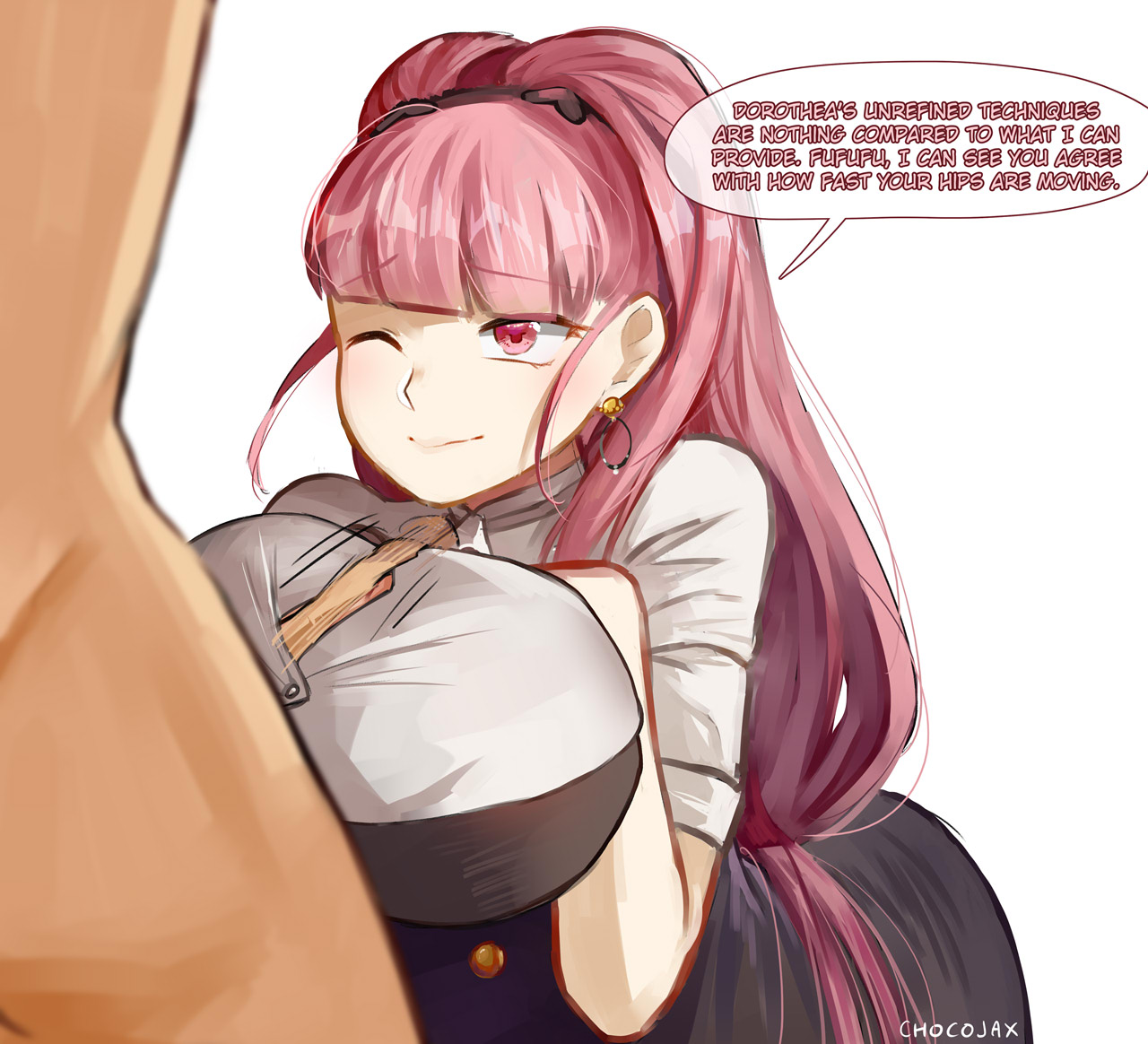 1boy, 1girls, alternate breast size, alternate version available, breasts, byleth (fire emblem), byleth (fire emblem) (male), chocojax, dialogue, english text, female, fire emblem, fire emblem: three houses, happy, happy paizuri, happy sex, hilda valentine goneril, huge breasts, large breasts, long hair, male, nintendo, nipples, paizuri, paizuri lead by female, paizuri under clothes, pink eyes, pink hair, straight, text