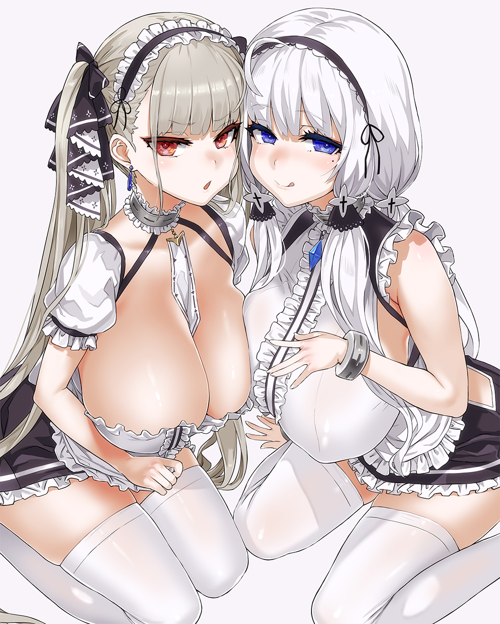 2girls ahoge apron asanagi azur_lane bare_shoulders between_breasts big_breasts black_hairband blue_eyes blush breasts choker cleavage closed_mouth commentary_request cosplay covered_erect_nipples dido_(azur_lane) dido_(azur_lane)_(cosplay) earrings formidable_(azur_lane) frilled_apron frilled_choker frills grey_hair hair_ribbon hairband highres huge_breasts illustrious_(azur_lane) jewelry large_breasts long_hair looking_at_viewer maid maid_apron maid_headdress mole mole_under_eye multiple_girls nipple_bulge open_mouth puffy_short_sleeves puffy_sleeves red_eyes ribbon short_sleeves simple_background sirius_(azur_lane) sirius_(azur_lane)_(cosplay) sitting sleeveless smile thighhighs thighs tongue tongue_out tress_ribbon tri_tails twintails two-tone_ribbon very_long_hair waist_apron white_apron white_background white_hair white_legwear