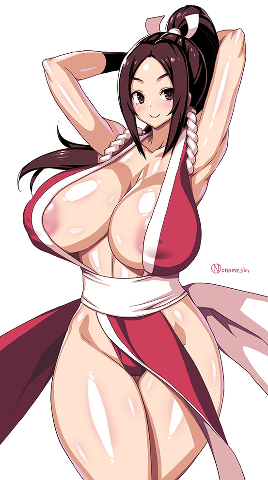 1girls, breasts, brown eyes, brown hair, fatal fury, female, female only, king of fighters, kunoichi, large breasts, long hair, mai shiranui, nipples, onomeshin, ponytail, snk, solo