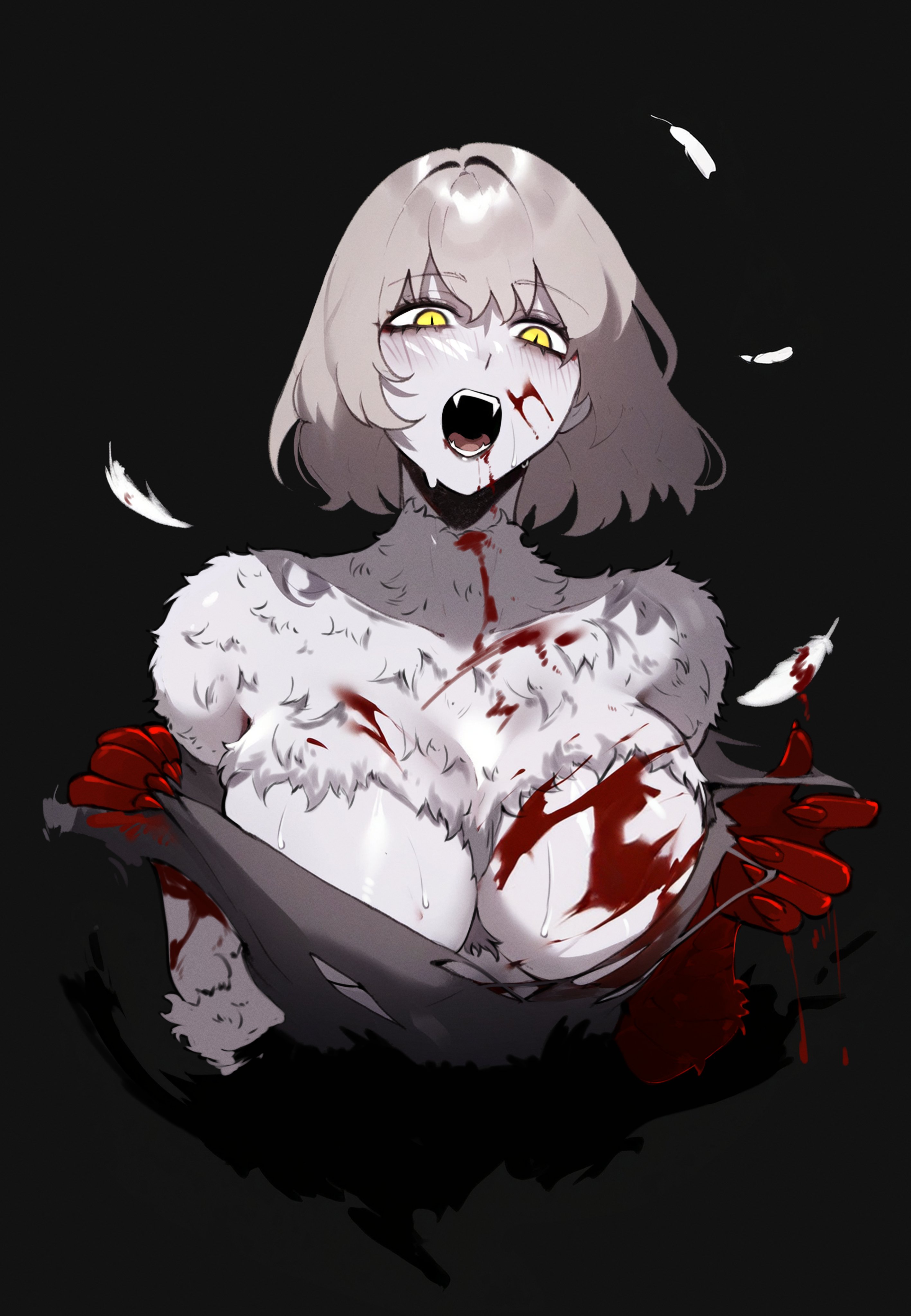big breasts, black background, blood, breasts, bust, dungeon meshi, falin touden, falin touden (chimera), fangs, feathers, female, female focus, female only, glowing eyes, masoq095, ripping clothing, solo, solo female, solo focus, yellow eyes