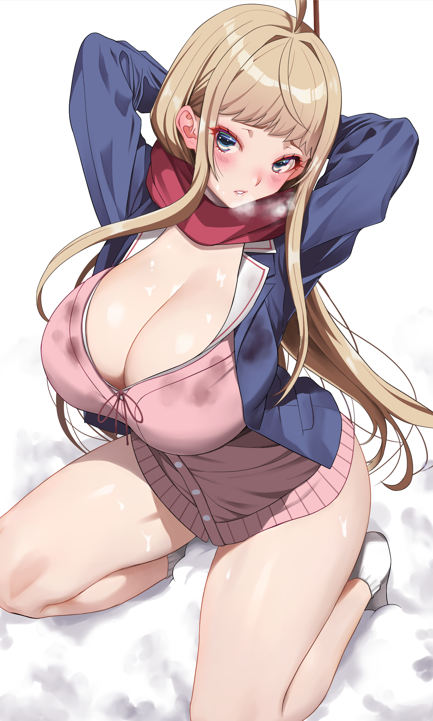 absurdres, ahoge, akihiro0920, arms behind head, arms up, asian, asian female, blonde hair, blue jacket, blush, breasts, cardigan, cleavage, commentary request, dosanko gal wa namara menkoi, female, female only, fuyuki minami, grey eyes, highres, jacket, large breasts, long hair, looking at viewer, parted lips, pink cardigan, red scarf, scarf, sidelocks, snow, socks, solo, squatting, thighs, uniform, white socks