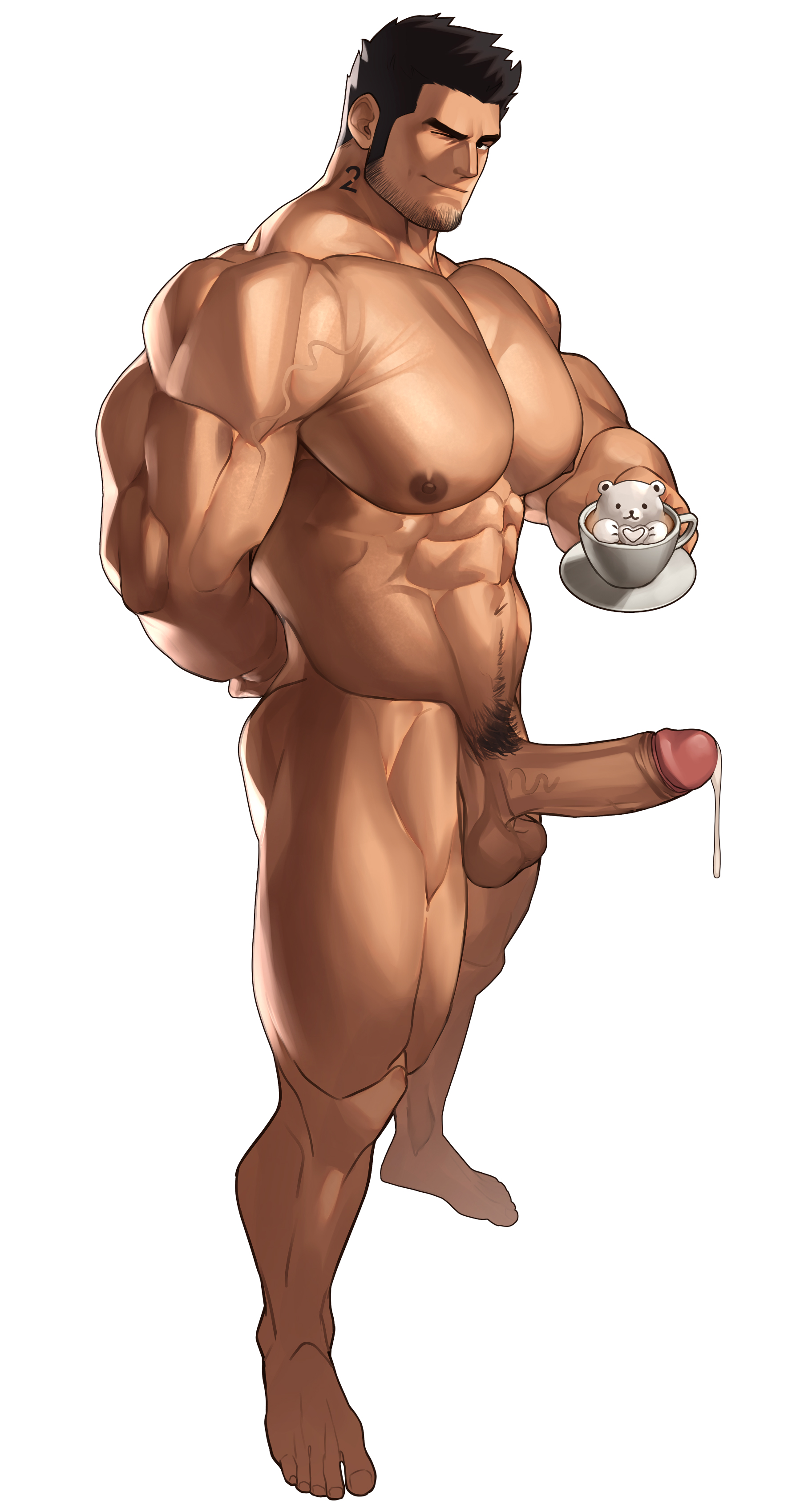 1boy, balls, bara, beard stubble, big balls, big penis, black hair, completely nude, cum, cum drip, cum dripping from penis, erection, gay, genital fluids, hard on, looking at viewer, lucas lee, male, male focus, male nipples, male only, male pubic hair, masculine male, muscular, muscular chest, muscular male, nipples, nude, nude male, penis, pubic hair, ruisselait, scott pilgrim, solo, solo male, yaoi