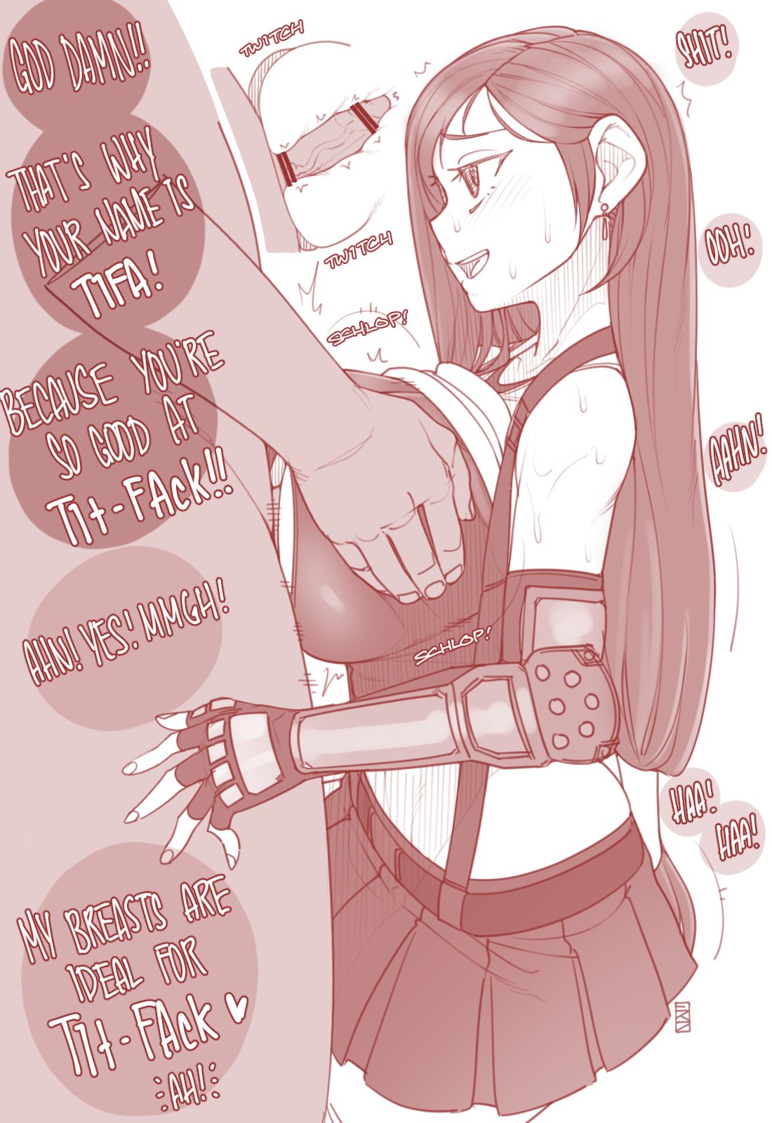 1boy, 1girls, ahe gao, big breasts, breasts, clothed female nude male, clothed paizuri, earring, ekz, female, final fantasy, final fantasy vii, large breasts, male, paizuri, perpendicular paizuri, skirt, straight, tifa lockhart
