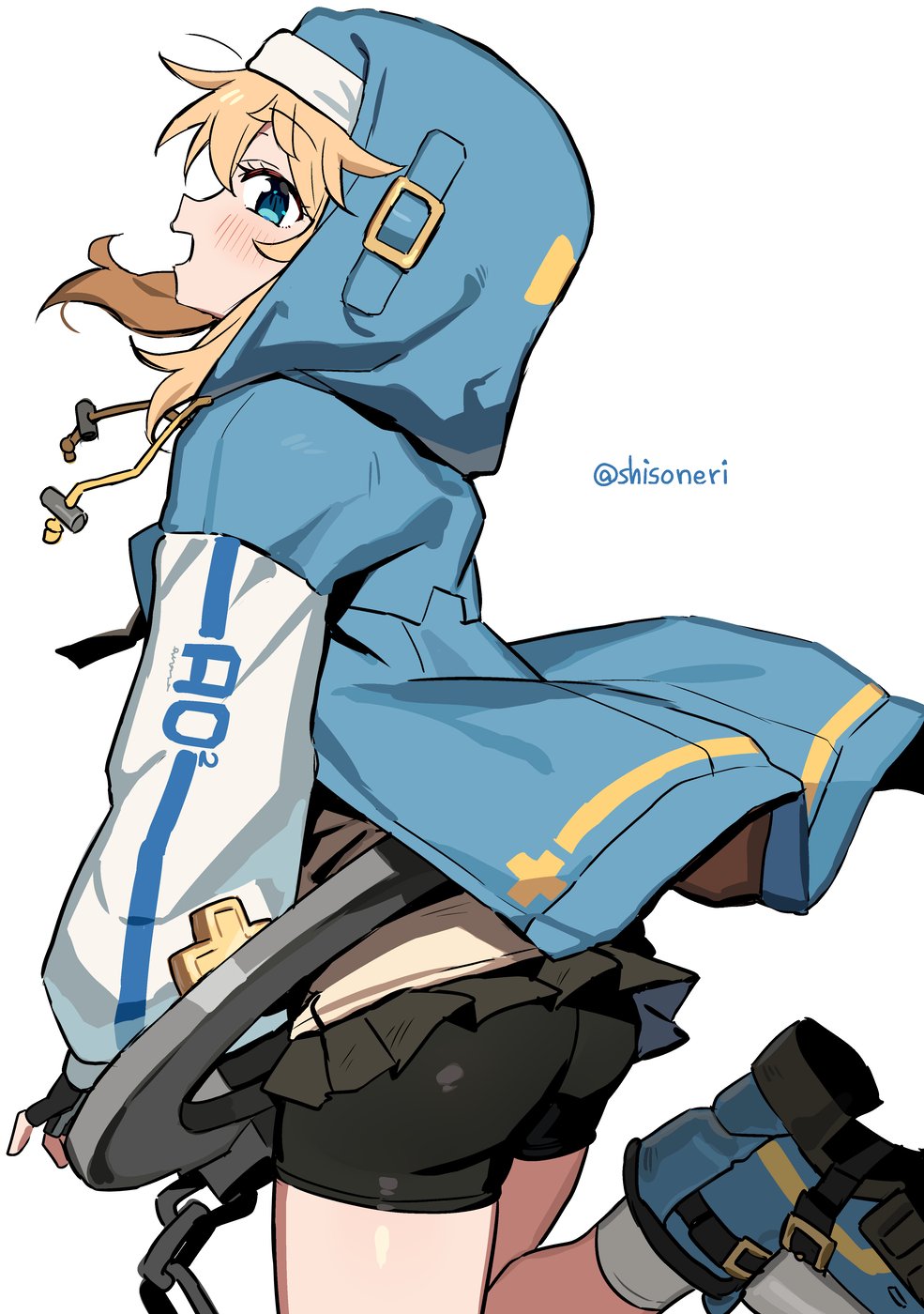 1boy balls bike_shorts blonde_hair blue_eyes bridget bulge butt_focus femboy feminine_male guilty_gear guilty_gear_strive hoodie male male_focus male_only otoko_no_ko pale_skin pants presenting_hindquarters shisoneri skirt