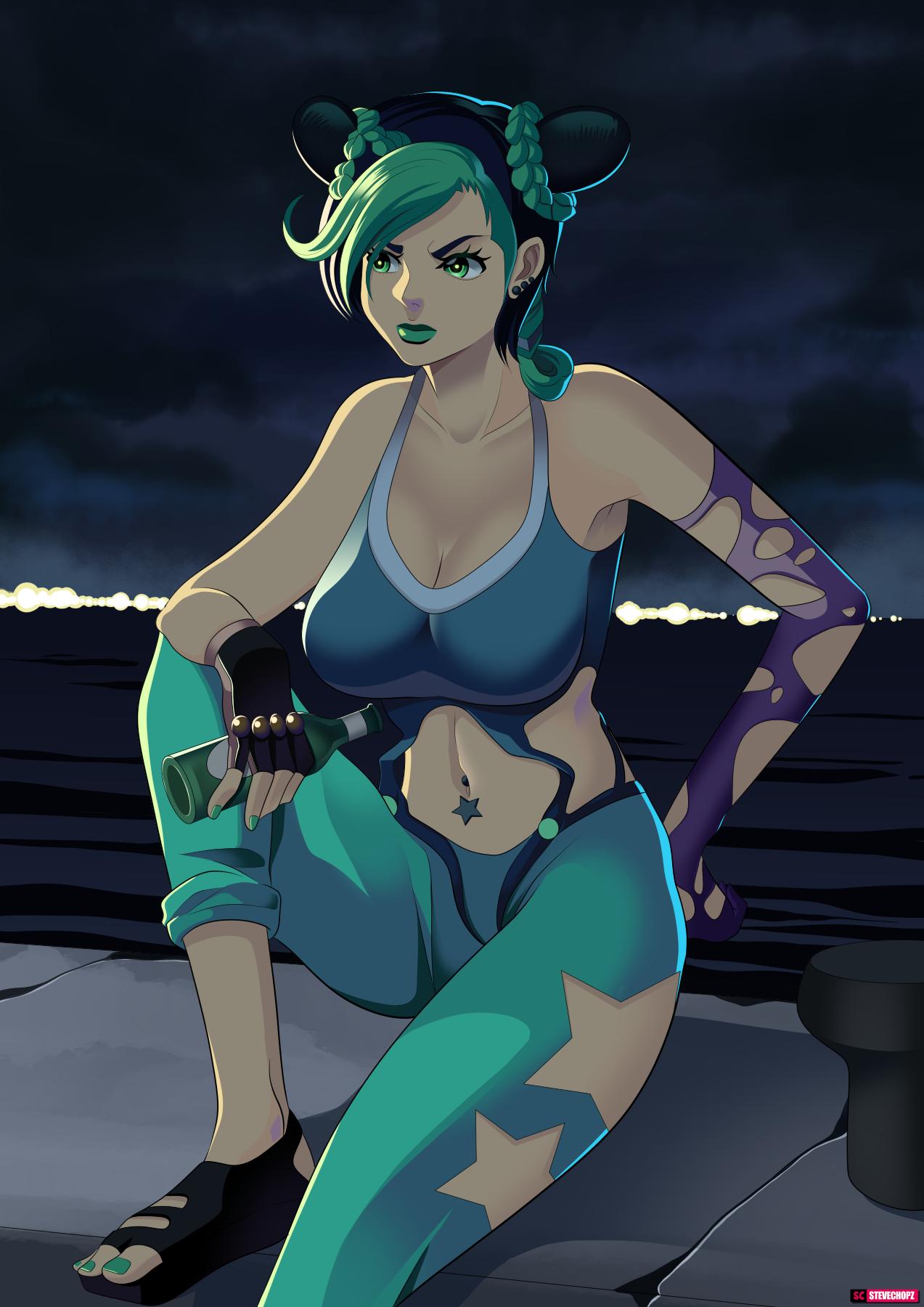 1girls 2019 armpits artist_name bare_shoulders black_hair bottle braid breasts cleavage clothed clothing collarbone double_bun earrings elbow_glove feet female female_only fingerless_glove gloves green_eyes green_hair green_lipstick green_nails green_toenails highres holding_bottle holding_object jewelry jojo's_bizarre_adventure jolyne_kujo large_breasts lipstick makeup matching_hair/eyes midriff multicolored_hair nail_polish navel navel_piercing night outdoors pants piercing sandals short_hair shounen_jump sitting sky solo sports_bra star star_cutout stevechopz stone_ocean stud_earrings tied_hair toes two-tone_hair two_tone_hair