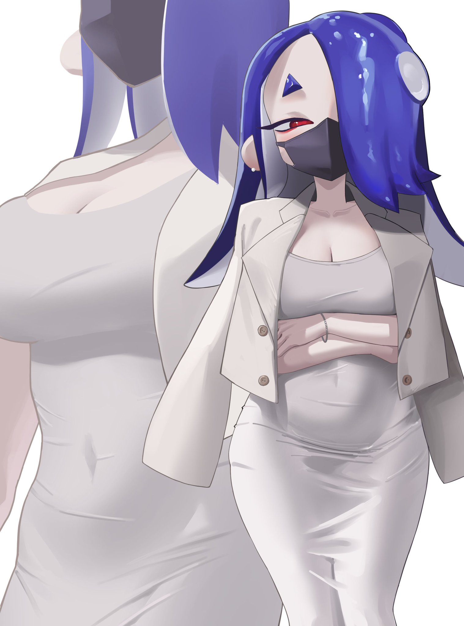 2024, arms crossed, black eyelashes, blonde hair, blue eyebrows, blue hair, breasts, digital media (artwork), dongtan dress, face mask, female, hi res, huge breasts, humanoid, japanese female, light skin, light-skinned female, long dress, looking at viewer, marine, marine humanoid, mask, mollusk, mollusk humanoid, nintendo, octoling, ppuna, pseudo hair, red eyes, shiver (splatoon), shiver hohojiro, splatoon, splatoon (series), splatoon 3, tentacle, tentacle hair, white background, white coat, white dress, white jacket