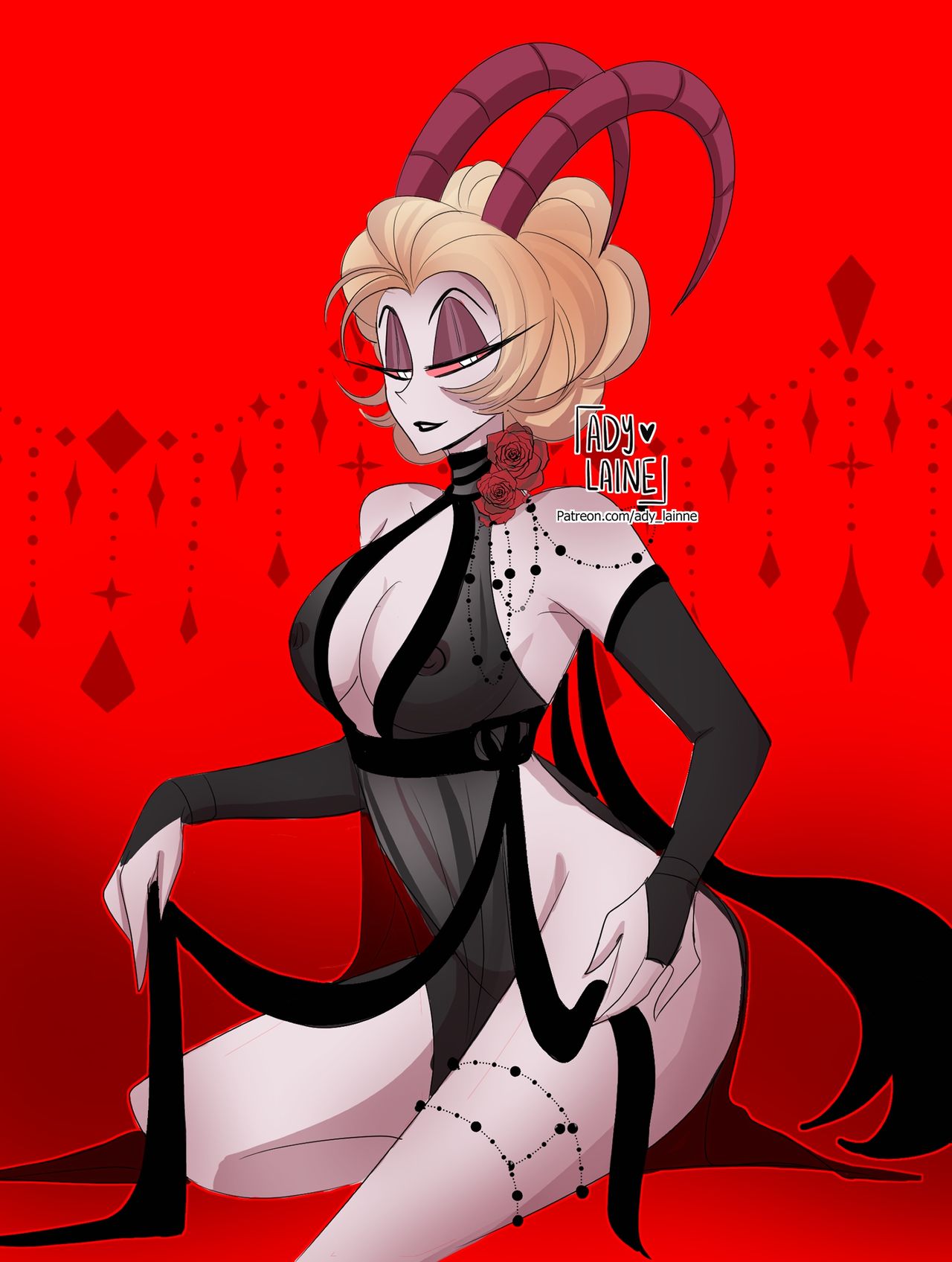 2d, ady laine, black ribbon, blonde hair, breasts, demon, demon horns, female, fingerless gloves, garter, hazbin hotel, lilith morningstar (hazbin hotel), lingerie, medium breasts, milf, mother, pinup, red background, see-through, see-through clothing, see-through top, short hair, succubus, visible nipples, vivienne medrano