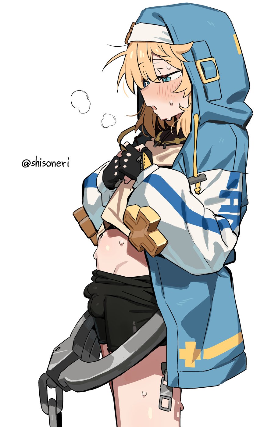 1boy balls bike_shorts blonde_hair blue_eyes bridget bulge bulge_through_clothing butt_focus femboy feminine_male guilty_gear guilty_gear_strive hoodie male male_focus male_only otoko_no_ko pale_skin pants presenting_hindquarters shisoneri skirt small_penis solo tagme