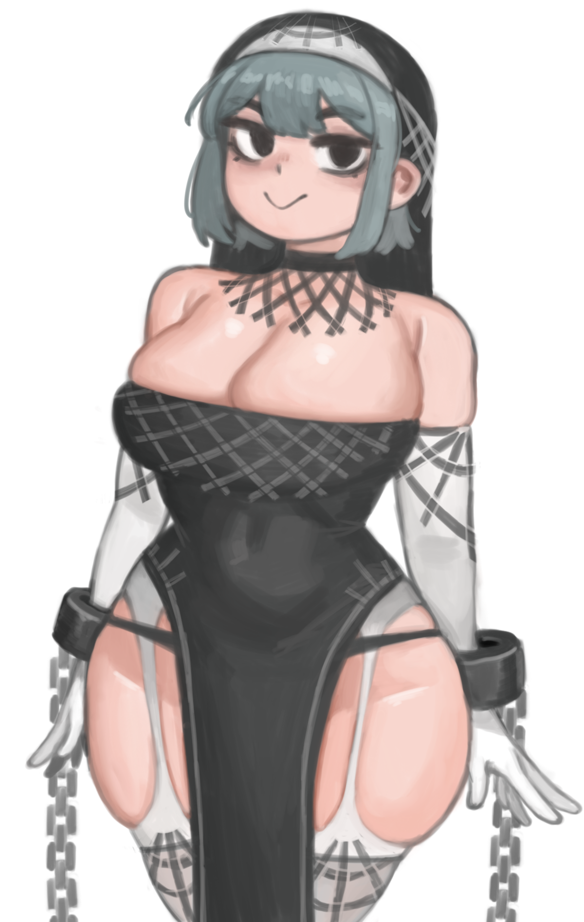 1girls, black choker, breasts, chains, choker, cleavage, elbow gloves, female, female focus, female only, gloves, hips, huge breasts, kelvin hiu, light skin, light-skinned female, looking at viewer, nun, nun outfit, nun's habit, original, original character, pelvic curtain, short hair, shortstack, simple background, smile, strapless, thick thighs, thighs, white background, white elbow gloves, white gloves, wide hips