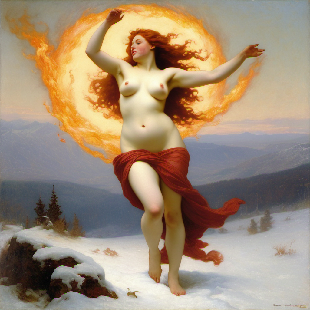 ai_generated belly blue_eyes breasts cloud convenient_censoring curly_hair curvy female fire ginger_hair lips long_hair medium_breasts mountain navel nipples nude plump pyrokinesis red_hair sky snow solo tree wide_hips william_bouguereau