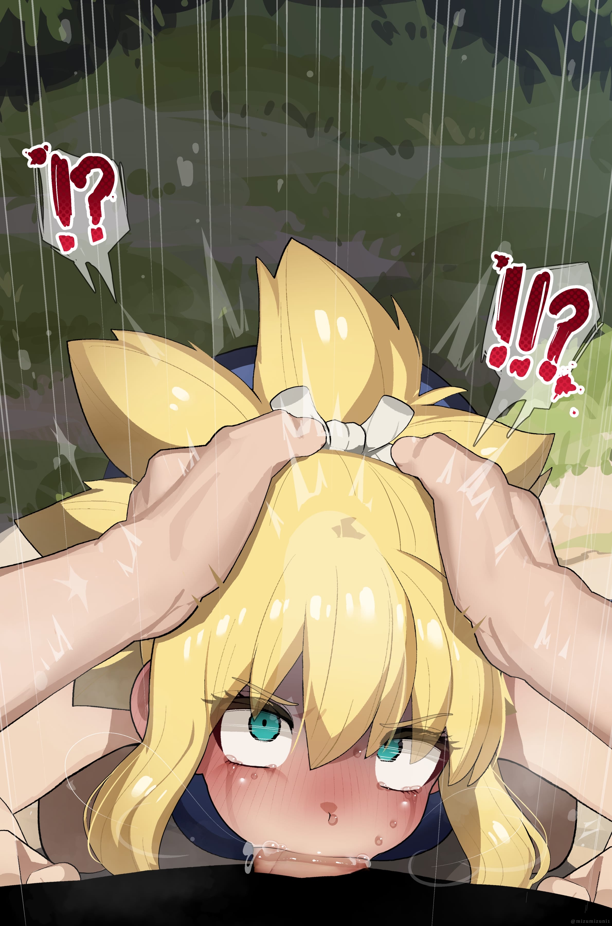 !?, 1boy, 1girls, all the way to the base, blonde hair, blue eyes, decensored, deepthroat, dr.stone, fellatio, female, female focus, forced, forced oral, irrumatio, kneeling, kohaku (dr.stone), male, male/female, mizumizuni, penis, pov, rape, uncensored