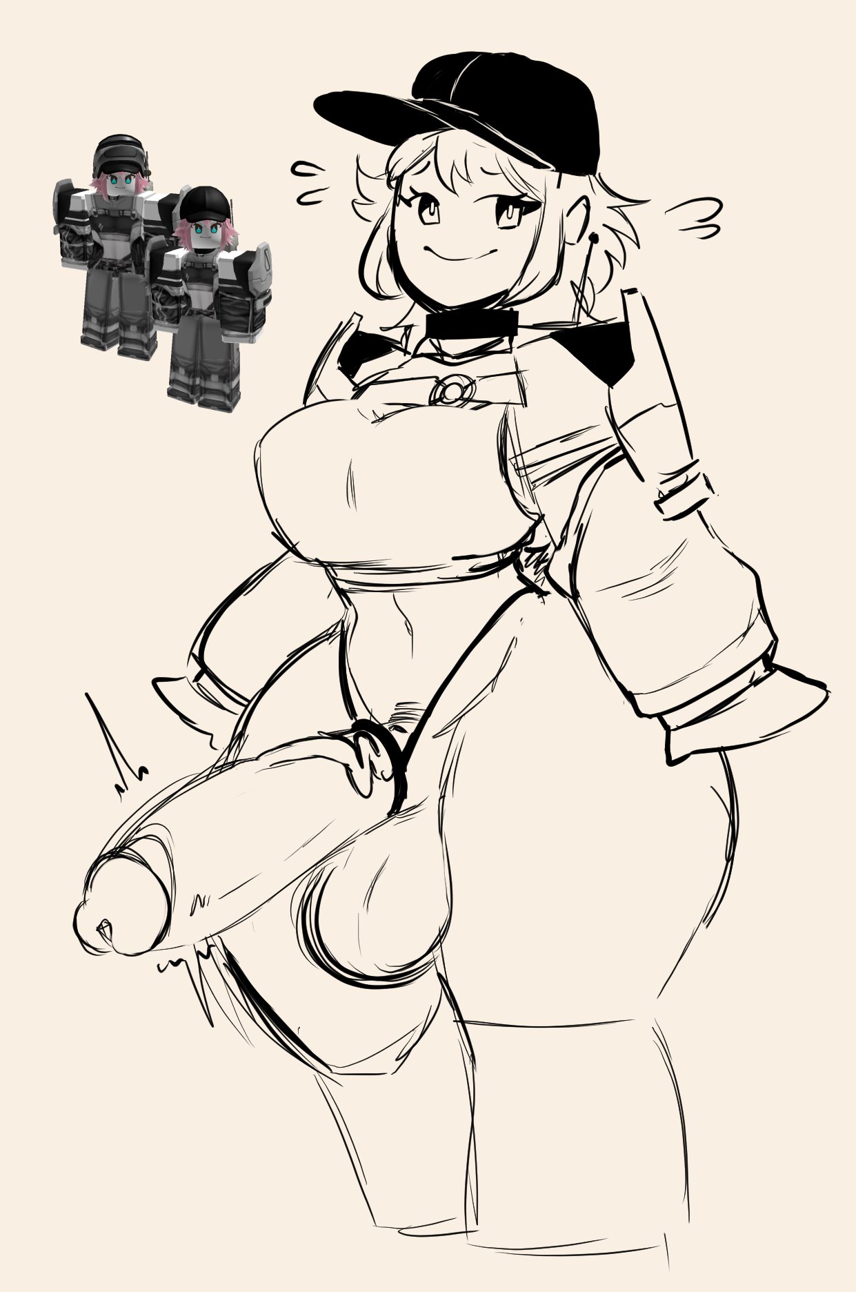 1futa, balls, big breasts, bottomless, breasts, clothed, clothing, erection, futa only, futanari, huge cock, huge hips, intersex, mochi dullahan, no nose, partially clothed, penis, reference image, roblox, roblox avatar, sketch, solo, standing, tagme, thick thighs, wide hips