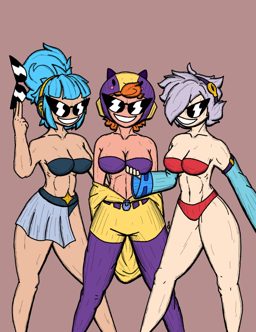 3girls bea_(brawl_stars) blue_hair brawl_stars breasts colette_(brawl_stars) corruption denzeldukito dollification female female_only femsub hypnotic_accessory hypnotized_hypnotist janet_(brawl_stars) knick_knack multiple_girls multiple_subs orange_hair popstar_janet spiral_eyes sunglasses sunnification sunny_miami symbol_in_eyes tagme transformation white_hair