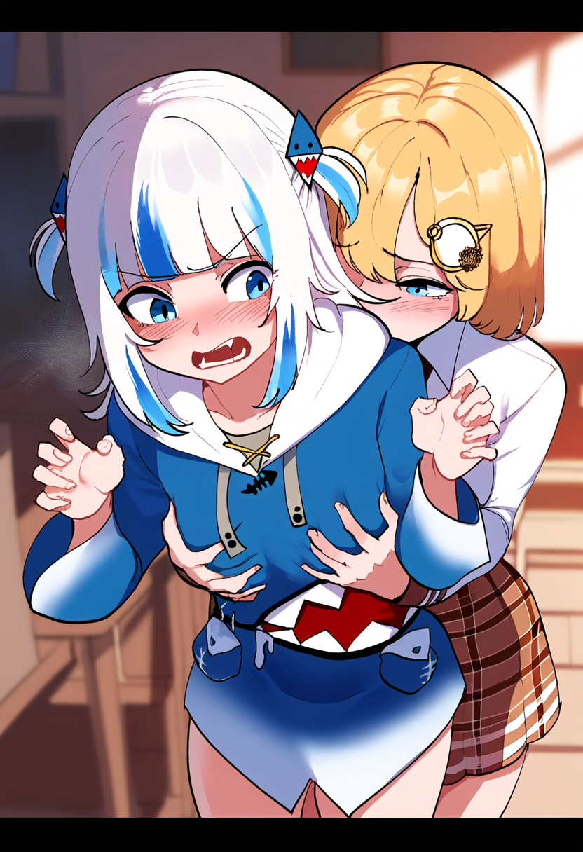 2girls, ai generated, blonde hair, blue eyes, blush, breasts, eyebrows visible through hair, female, female only, gawr gura, grabbing breasts, grabbing from behind, groping, groping breasts, hair ornament, hololive, hololive english, hololive myth, multiple females, multiple girls, sharp teeth, skirt, virtual youtuber, watson amelia, white hair, yuri