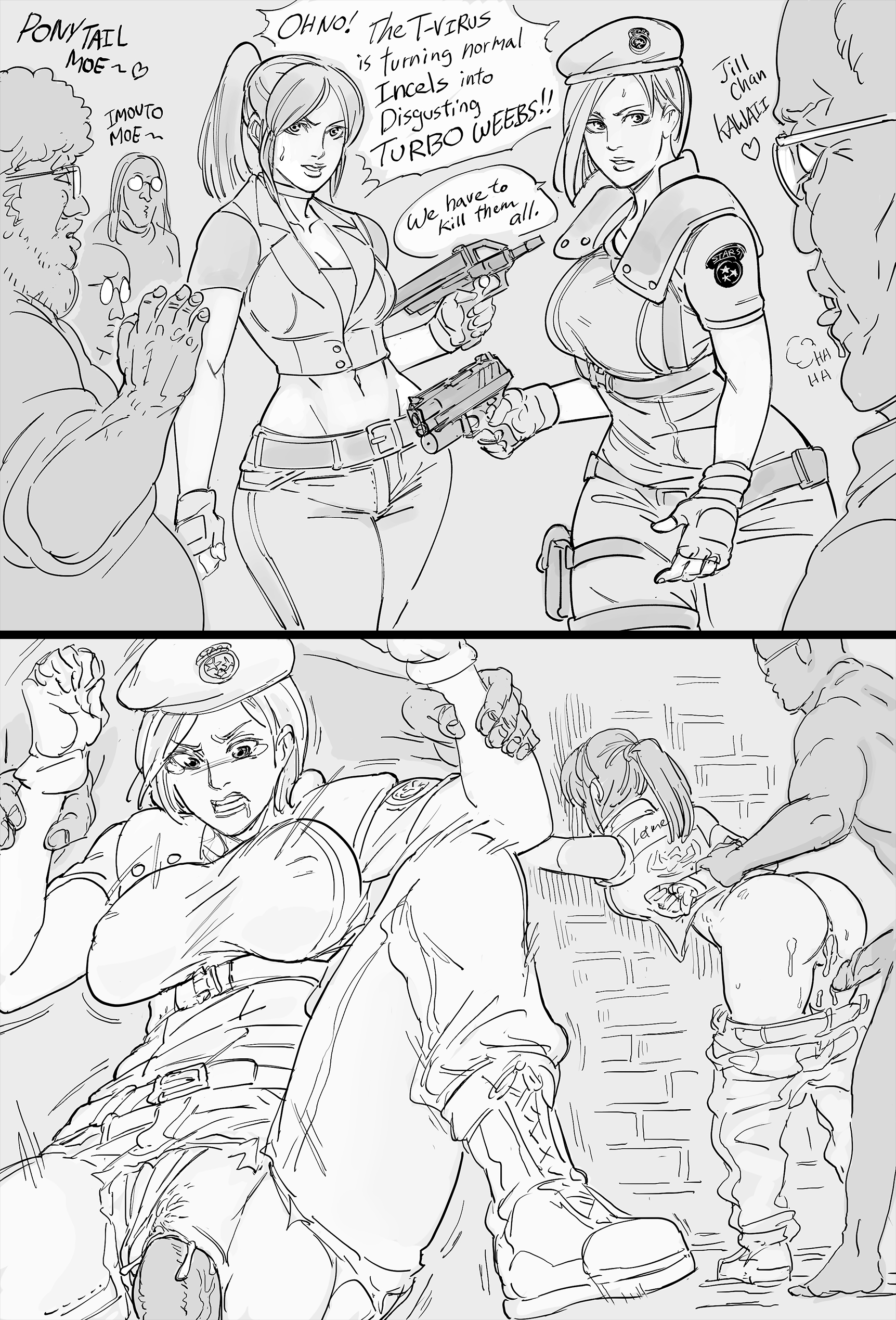 2girls, athletic, athletic female, bare midriff, bb (baalbuddy), before and after, beret, capcom, claire redfield, defeated, defeated heroine, fat male, female, female focus, gangbang, gangrape, instant loss 2koma, jill valentine, jill valentine (julia voth), line art, long hair, male, monochrome, penetration, penis, police uniform, ponytail, pubic hair, pussy, rape, resident evil, resident evil code veronica, sex, short hair, speech bubble, spread legs, tagme, tears, text, tied hair, vagina, vaginal, vaginal penetration, vaginal sex
