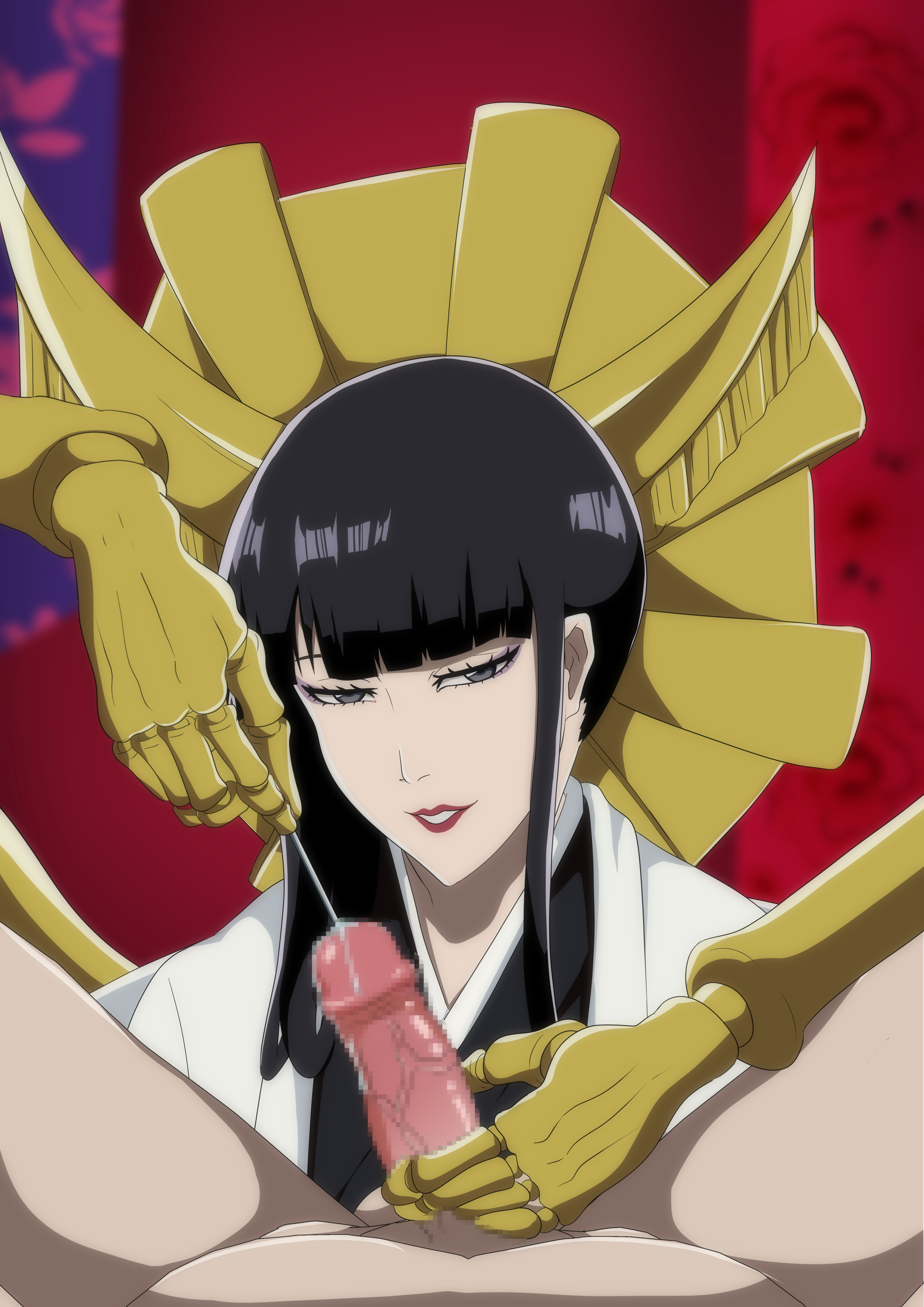 ayaka (artist), black hair, bleach, censored, female, female dominating male, femdom, lipstick, looking at viewer, male, male urethral insertion, partial male, penile urethral insertion, penis, pov, precum, robotic arm, seductive look, shutara senjumaru, sounding, urethral insertion