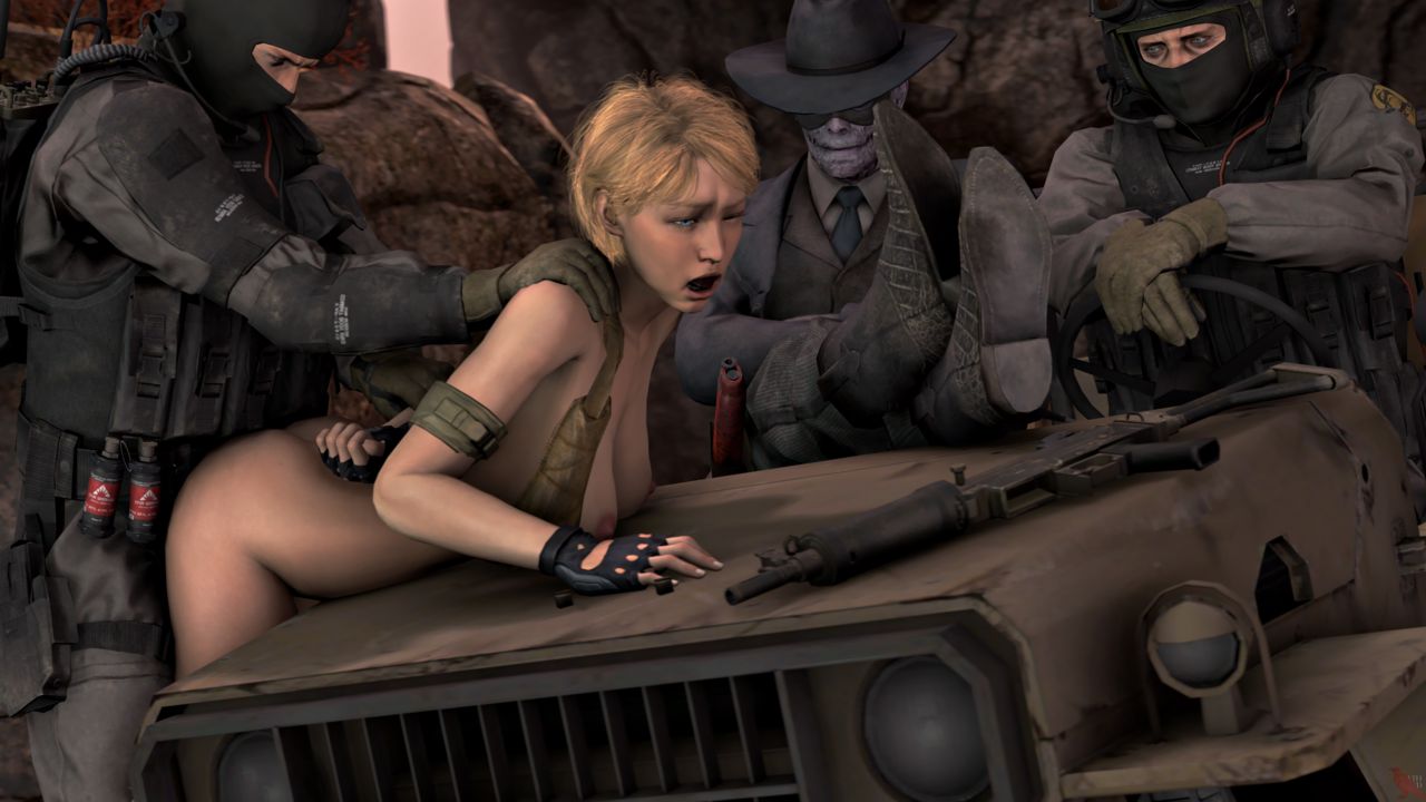 bent_over blonde_hair car deathhandsfm detailed_background fingerless_gloves gun laughing_wallaby metal_gear_(series) metal_gear_solid metal_gear_solid_v military nipples rape rifle soldier tagme weapon