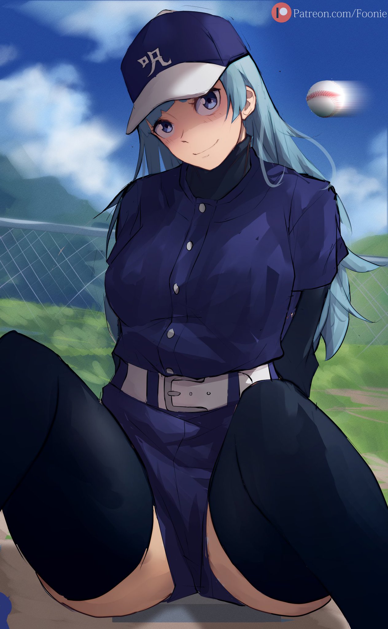 1girls, ass, baseball, baseball (ball), baseball cap, big ass, big breasts, big butt, blue eyes, blue hair, blue-haired female, breasts, female, female only, foonie xd, imminent death, jujutsu kaisen, kasumi miwa, long hair, looking at viewer, solo, solo female, solo focus, thick thighs, thighhighs, thighs, wide hips