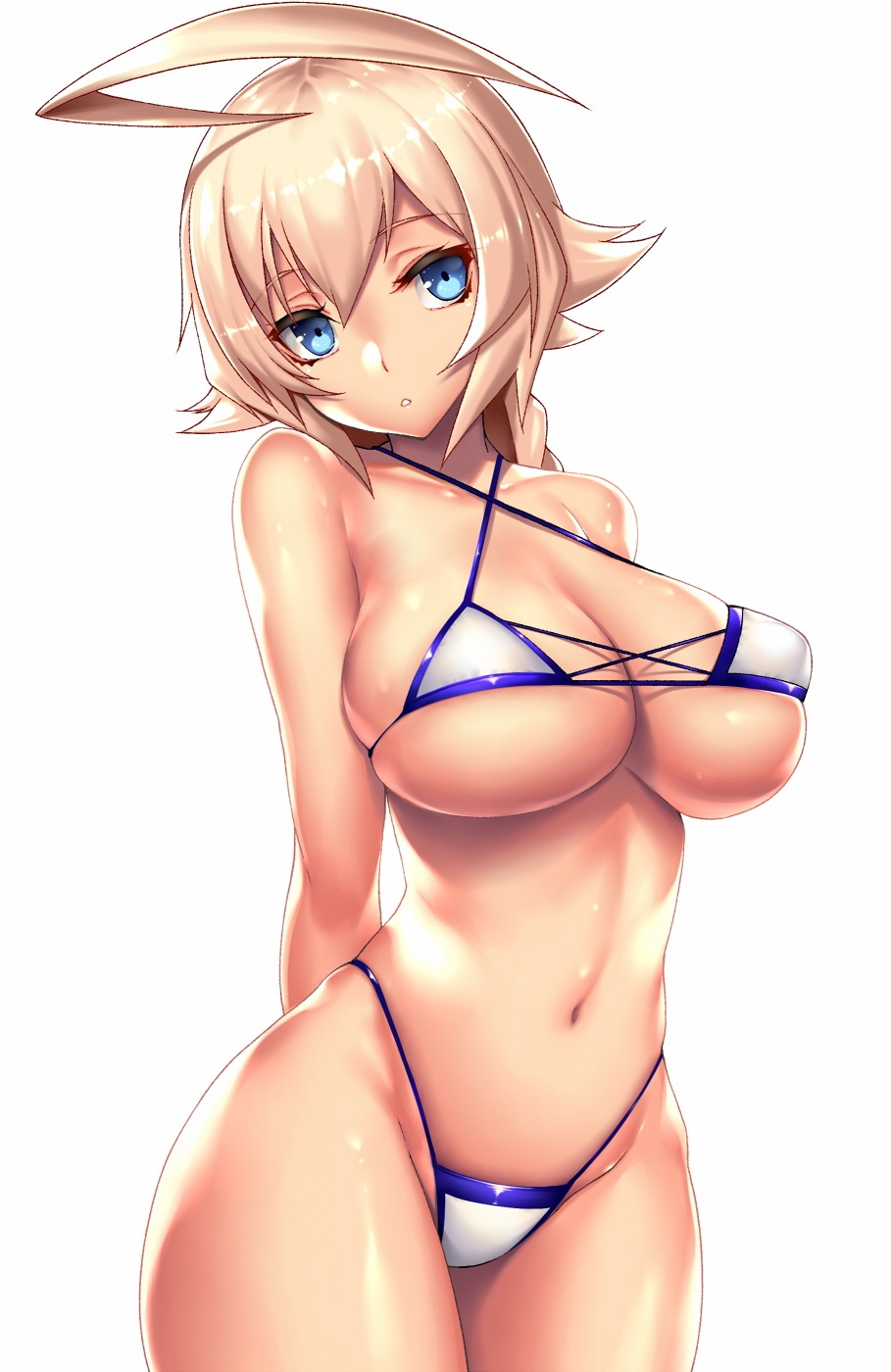 1girls, abs, ahoge, arms behind back, artist request, bangs, big breasts, bikini, blonde, blonde hair, blue eyes, breasts, cute, es (xblaze), eyebrows visible through hair, female, female focus, female only, fit, fit female, hi res, highres, hips, large breasts, light skin, light-skinned female, navel, nipple bulge, no pubic hair, open mouth, shiny skin, short hair, simple background, solo, solo female, solo focus, standing, thick hips, thick thighs, thighs, thin waist, underwear, white background, wide hips