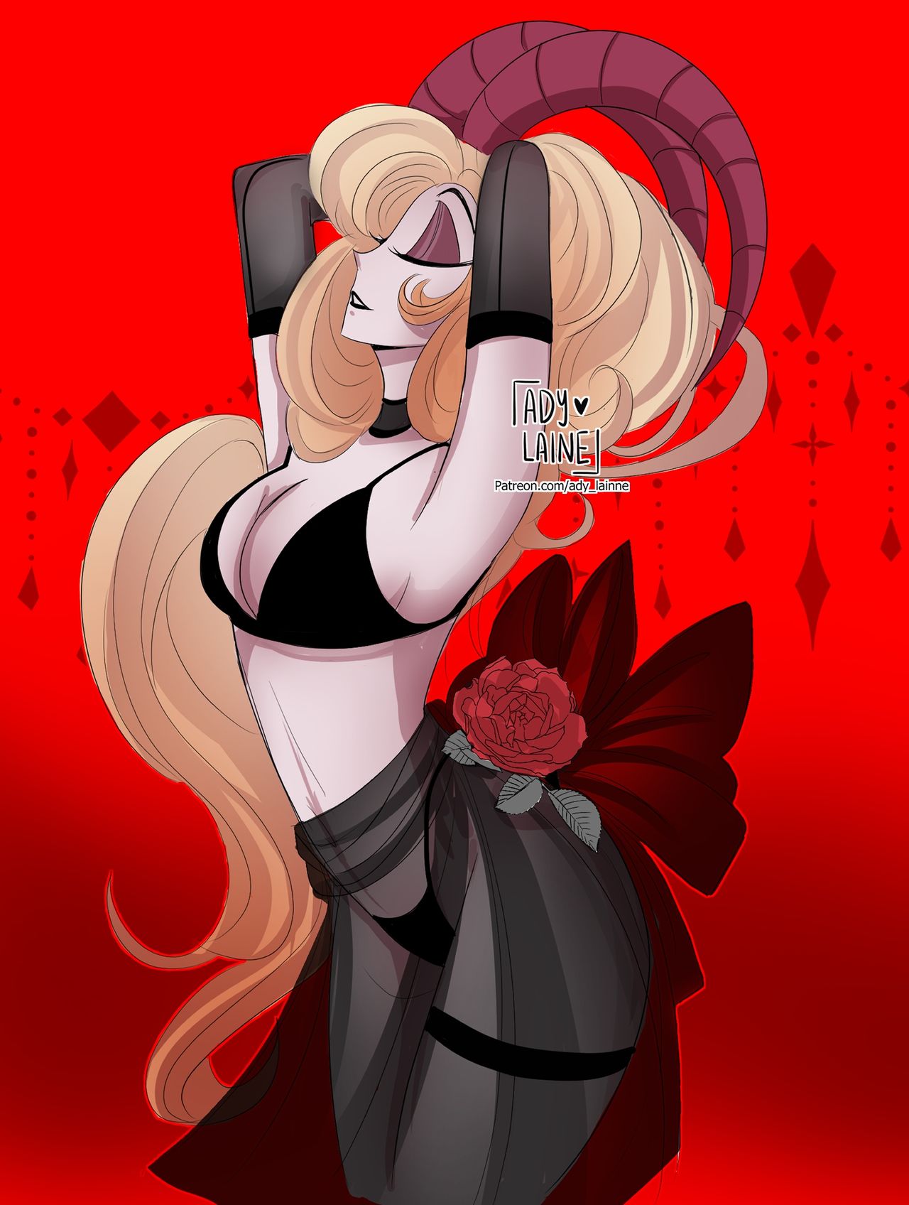 2d, ady laine, black bra, black panties, blonde hair, breasts, demon, demon horns, female, garter, hazbin hotel, lilith morningstar (hazbin hotel), lingerie, long hair, medium breasts, milf, mother, pinup, rose, rose (flower), succubus, vivienne medrano