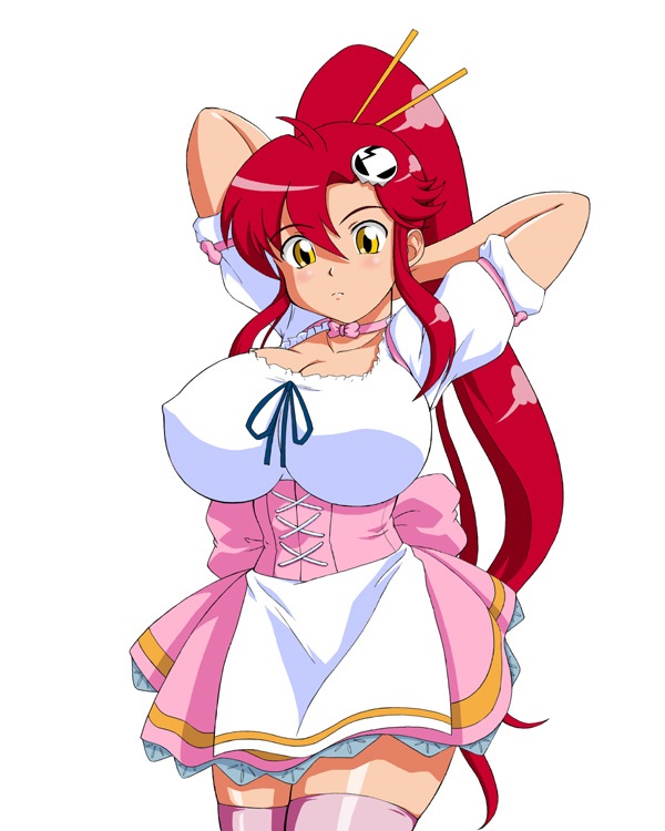 akira_(viper)_(cosplay) anna_miller artist_request breasts choker cleavage cosplay covered_erect_nipples female large_breasts long_hair maid ponytail red_hair solo tengen_toppa_gurren_lagann thighhighs very_long_hair viper_(series) viper_v16 waitress yellow_eyes yoko_littner