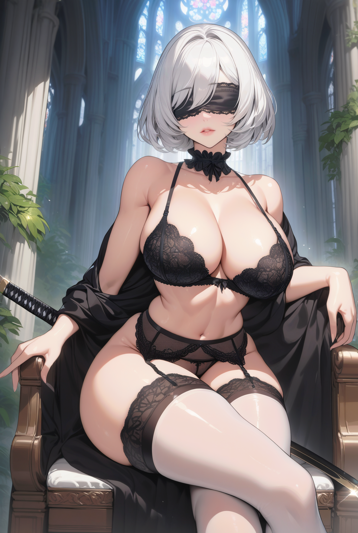 ai generated, breasts, female, huge breasts, lewdwaifulaifu, lingerie, nier, nier (series), nier: automata, robot humanoid, silver hair, sitting, sword, thick thighs, thighs, weapon, yorha 2b