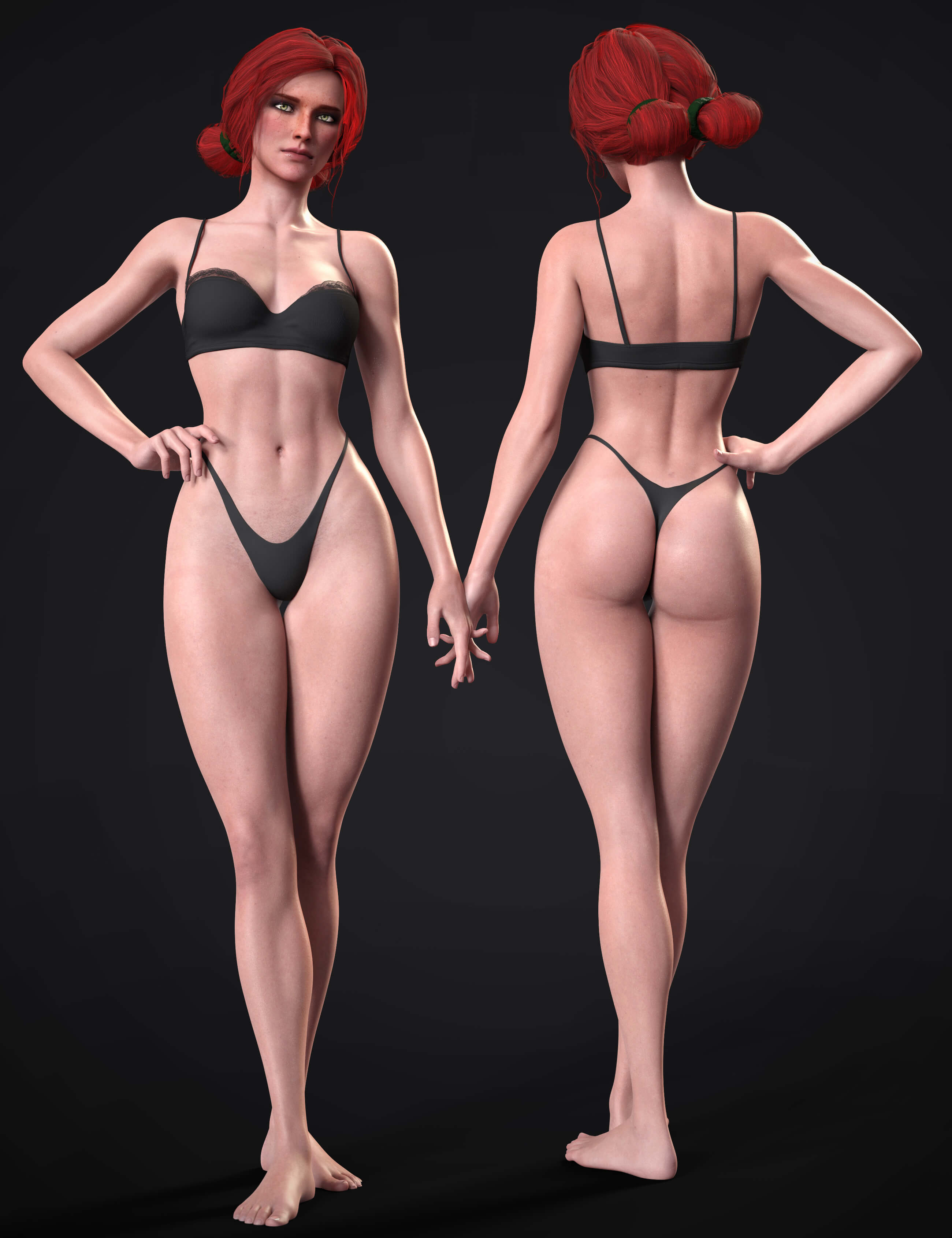1girls, 3d, ass, black background, cd projekt red, double bun, eyeshadow, female, freckles, ginger, green eyes, grey background, light skin, light-skinned female, looking at viewer, pale skin, pale-skinned female, panties, petite, red hair, redhead, seductive look, skinny, slim, small ass, solo, sonnedz, sorceress, the witcher (series), the witcher 3: wild hunt, tied hair, triss merigold, underwear, yellow eyes