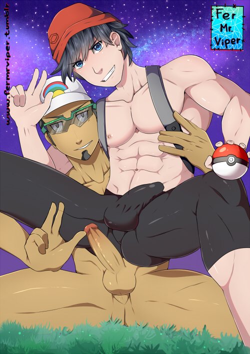 2boys abs aged_up bara beard big_penis bulge clothes dark-skinned_male dark_skin duo elio_(pokemon) elio_(pokemon_usm) erection eye_contact eyewear fermrviper gay glasses half-closed_eyes hat human kukui_(pokemon) looking_at_viewer male male_only muscles muscular muscular_male nintendo pecs penis penis_bulge perineum pokemon pokemon_usm simple_background spread_legs spreading tan_penis tan_skin testicles text topless uncensored url v watermark yaoi