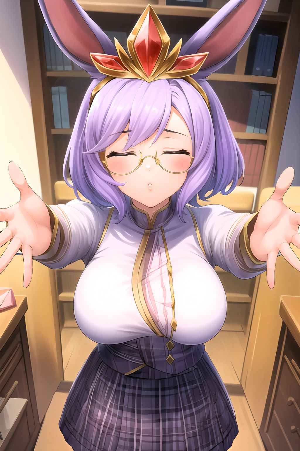 ai_generated bunny_ears closed_eyes female glasses indoors large_breasts paladins pov purple_hair rei_(paladins) short_hair stable_diffusion tiara