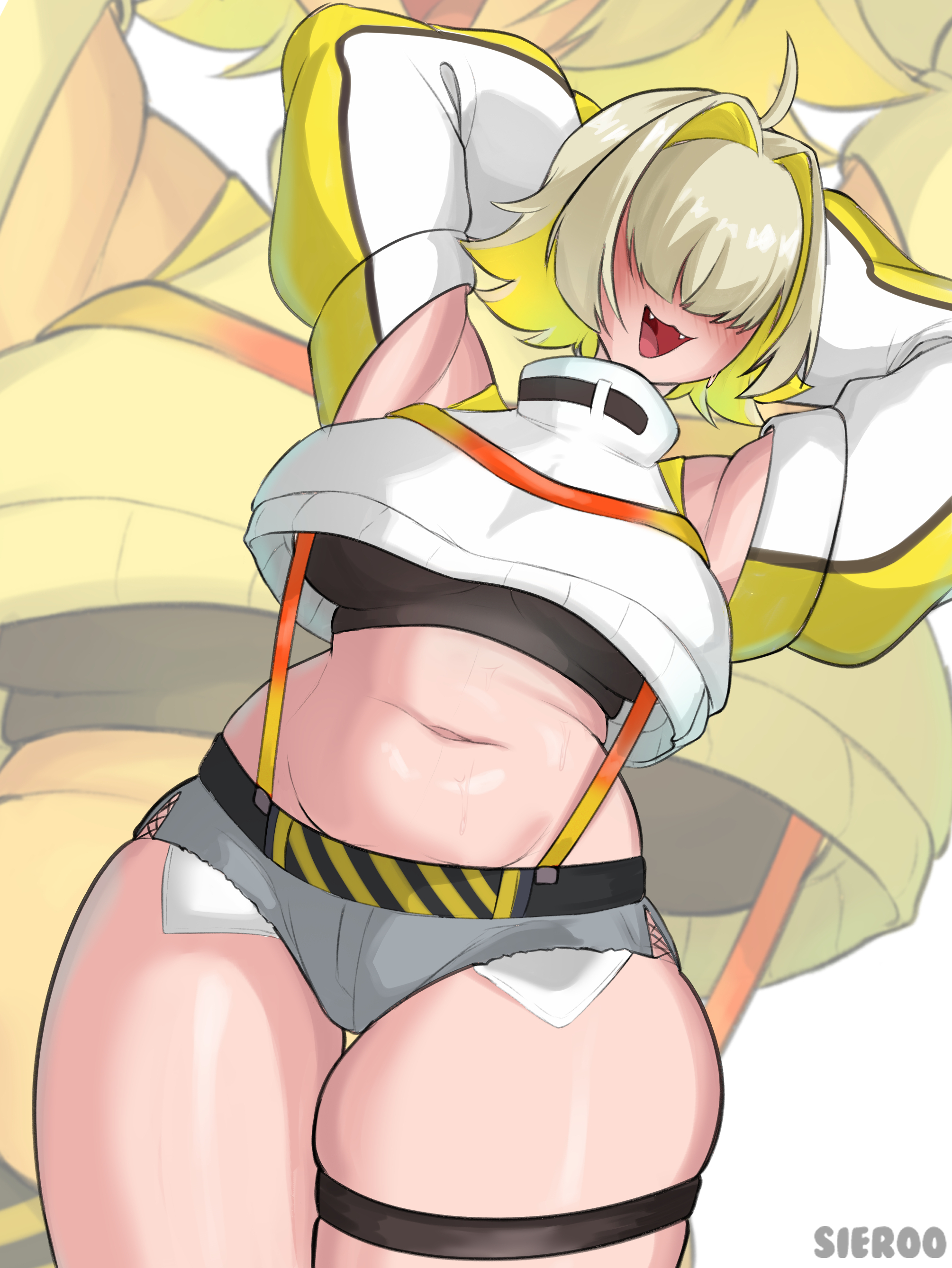 1girls, big breasts, blonde hair, blush, breasts, elegg (nikke), female, female only, goddess of victory: nikke, hair over eyes, large breasts, multicolored hair, navel, navel piercing, open clothes, sieroo, slightly chubby, solo, solo female, solo focus, thick thighs, thighs, wide hips, yellow hair
