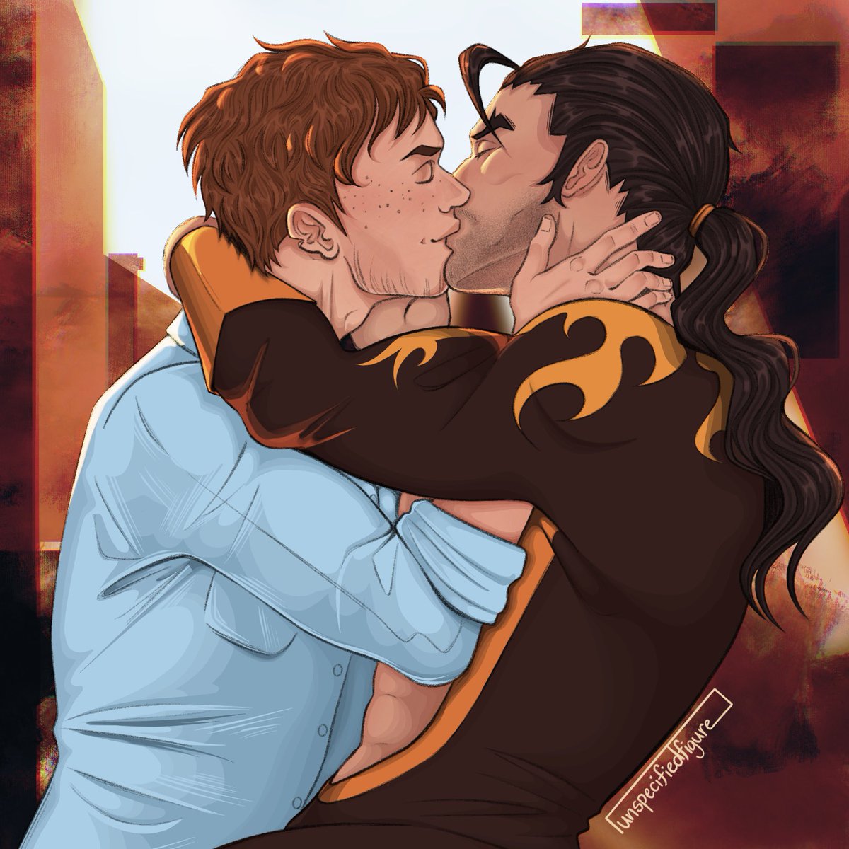 closed eyes, dispatch (game), flambae, gay, kissing, makeout, male, male only, ponytail, robert robertson, unspcfiedfigure, yaoi