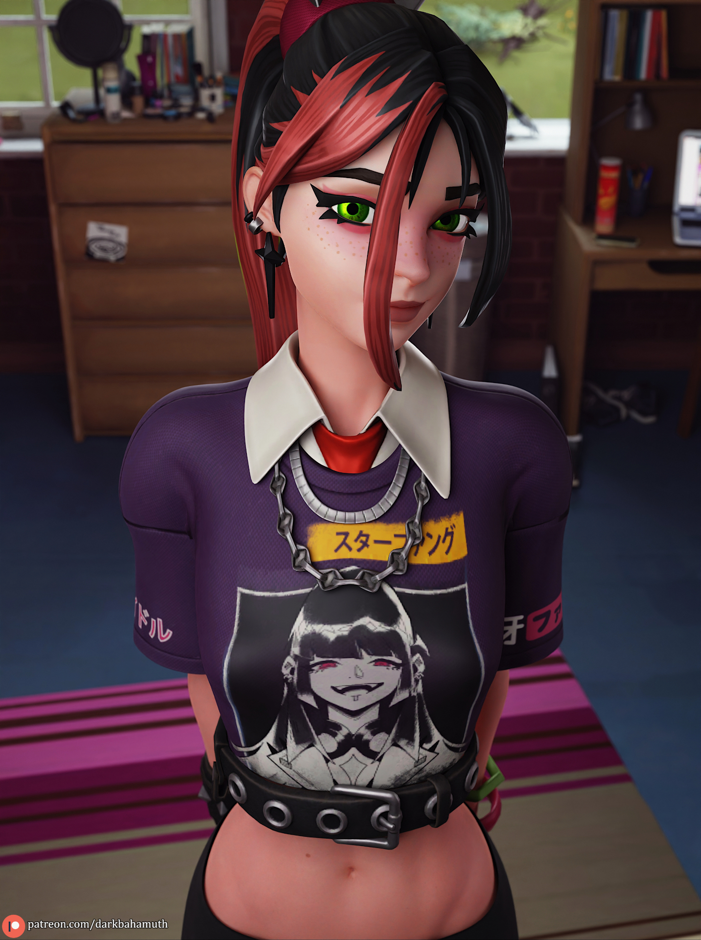 1girls, 3d, bedroom, black hair, bracelets, clothed, darkbahamuth, earrings, eyebrows, eyelashes, female, female only, fortnite, freckles, green eyes, hands behind back, helsie (fortnite), indoors, jewelry, lips, looking at viewer, midriff, multicolored hair, navel, necklace, necktie, petite, pinup, red and black hair, red hair, room, shy, solo, teenage female, teenager, young, younger female