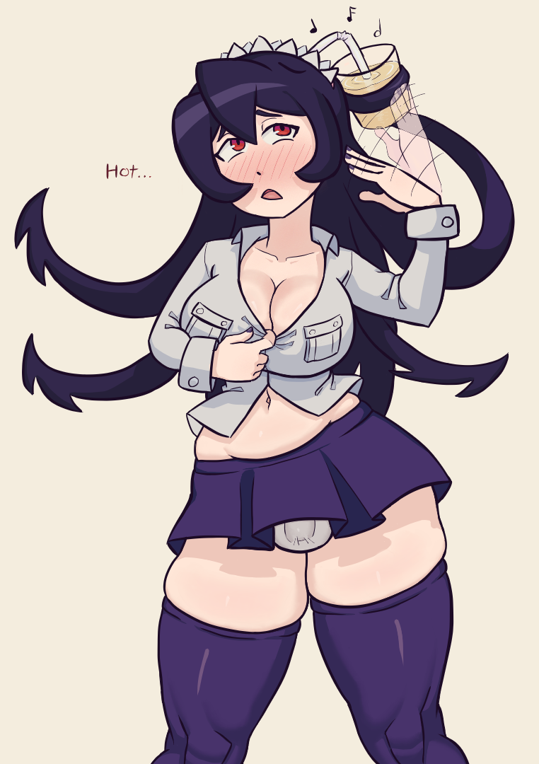 1futa balls belly big_breasts big_thighs black_hair blush breasts chameleon-san chubby cleavage clothed clothing filia_(skullgirls) fla flaccid futa_only futanari heat_(temperature) human light-skinned_futanari light_skin long_hair mostly_clothed panties penis skullgirls small_balls small_penis solo standing thighhighs tummy underwear