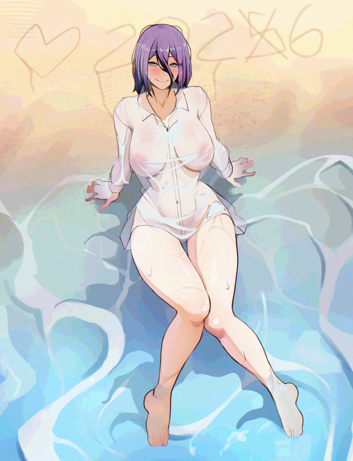 2026, areolae, beach, belly, big breasts, chainsaw man, curvy, curvy female, curvy figure, cute, cute face, cute female, female, female focus, female only, in water, lixiart, looking at viewer, new year, nipples, pale skin, pale-skinned female, pink areola, pink nipples, purple hair, reze (chainsaw man), russian, russian female, see-through, see-through clothing, sexy, sexy body, sexy female, sitting, sitting in water, slavic, slavic girl, slim waist, solo, solo female, solo focus, thick thighs, thighs, tiny waist, tummy, water