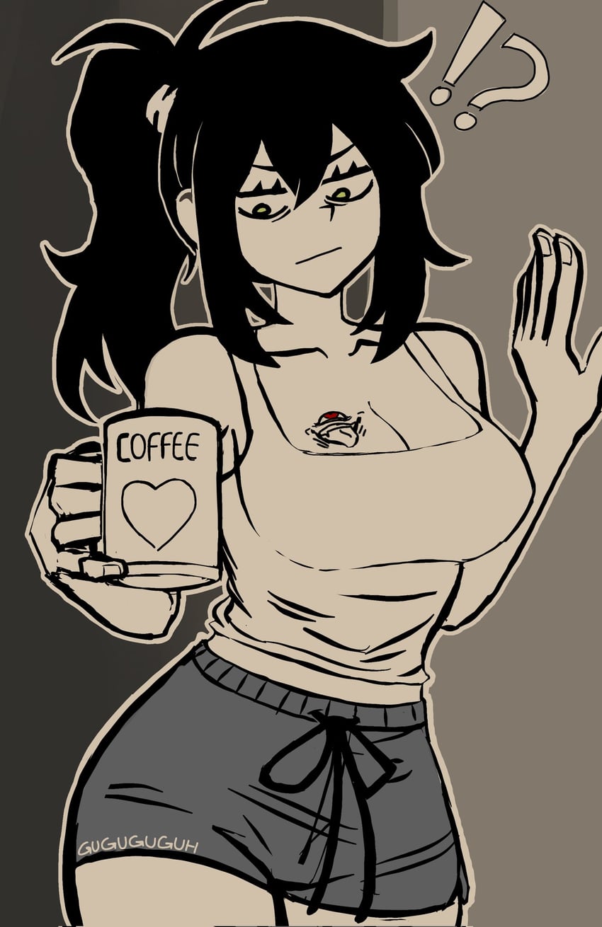 artist_request black_hair coffee_mug jujutsu_kaisen milf mother_(the_coffin_of_andy_and_leyley) mug ponytail renee_graves ryoumen_sukuna_(jujutsu_kaisen) tank_top the_coffin_of_andy_and_leyley