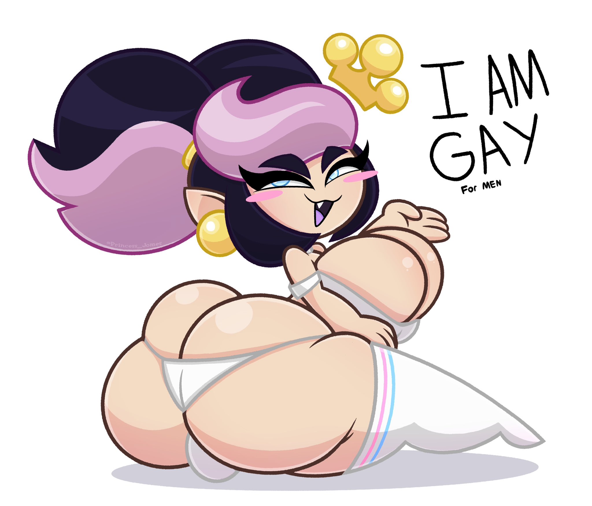 1boy, ass, big ass, big breasts, blush stickers, breasts, bulge, busty male, huge ass, huge breasts, looking at viewer, male, male with breasts, one fang visible, original character, panties, princess (princess jomes), princess jomes, socks, solo, text, thick thighs, thigh high socks, thigh socks