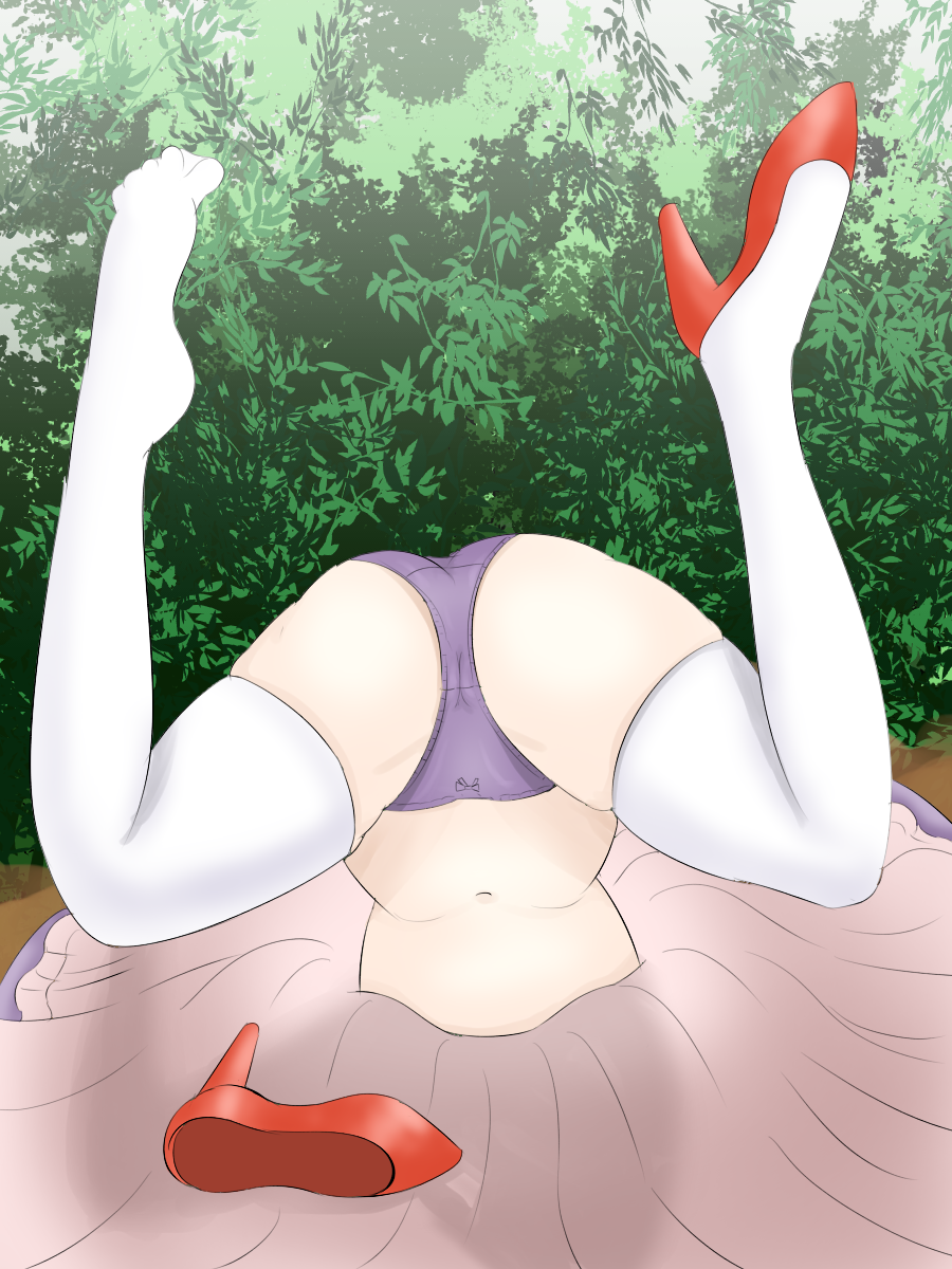 ass cameltoe dress female high_heels highres inugami-ke_no_ichizoku_pose navel panties purple_panties solo spread_legs stuck thighhighs touhou underwear white_thighhighs yakumo_yukari yukari_yakumo