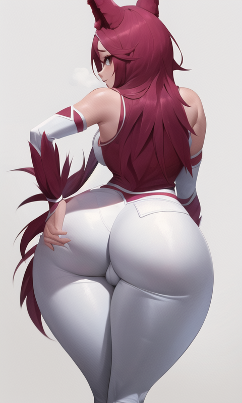 ai generated, ass, ass focus, ass grab, big ass, big butt, fat ass, female, jeans, league of legends, looking at viewer, pinkdolphin, red hair, white legwear, xayah