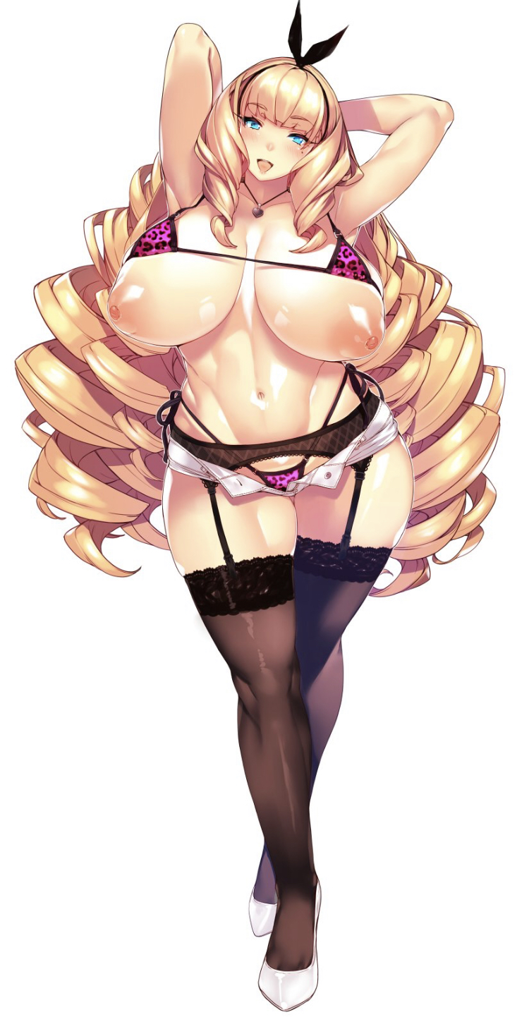 armpits arms_behind_head bangs big_breasts blonde_hair booty_shorts drill_hair garter_belt hotpants leopard_print leopard_print_bikini lingerie pink_bra pink_panties pose smiling stockings takamura_wamu