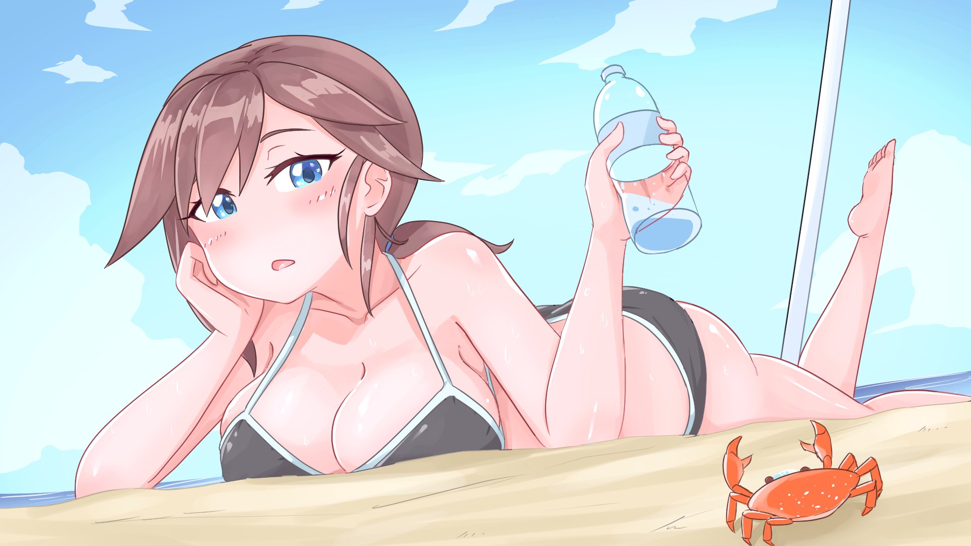 1girls, admiral bahroo, animal, bare arms, bare shoulders, barefoot, beach, big breasts, bikini, black bikini, blue eyes, bottle, breasts, brown hair, cleavage, cloud, collarbone, crab, day, female, female only, halter top, halterneck, hands up, highres, holding, holding bottle, indie virtual youtuber, kaynimatic, long hair, looking at viewer, low ponytail, lying, on stomach, original, original character, outdoors, parted lips, samantha (admiral bahroo), sand, sky, solo, solo female, swimsuit, thighs, virtual youtuber