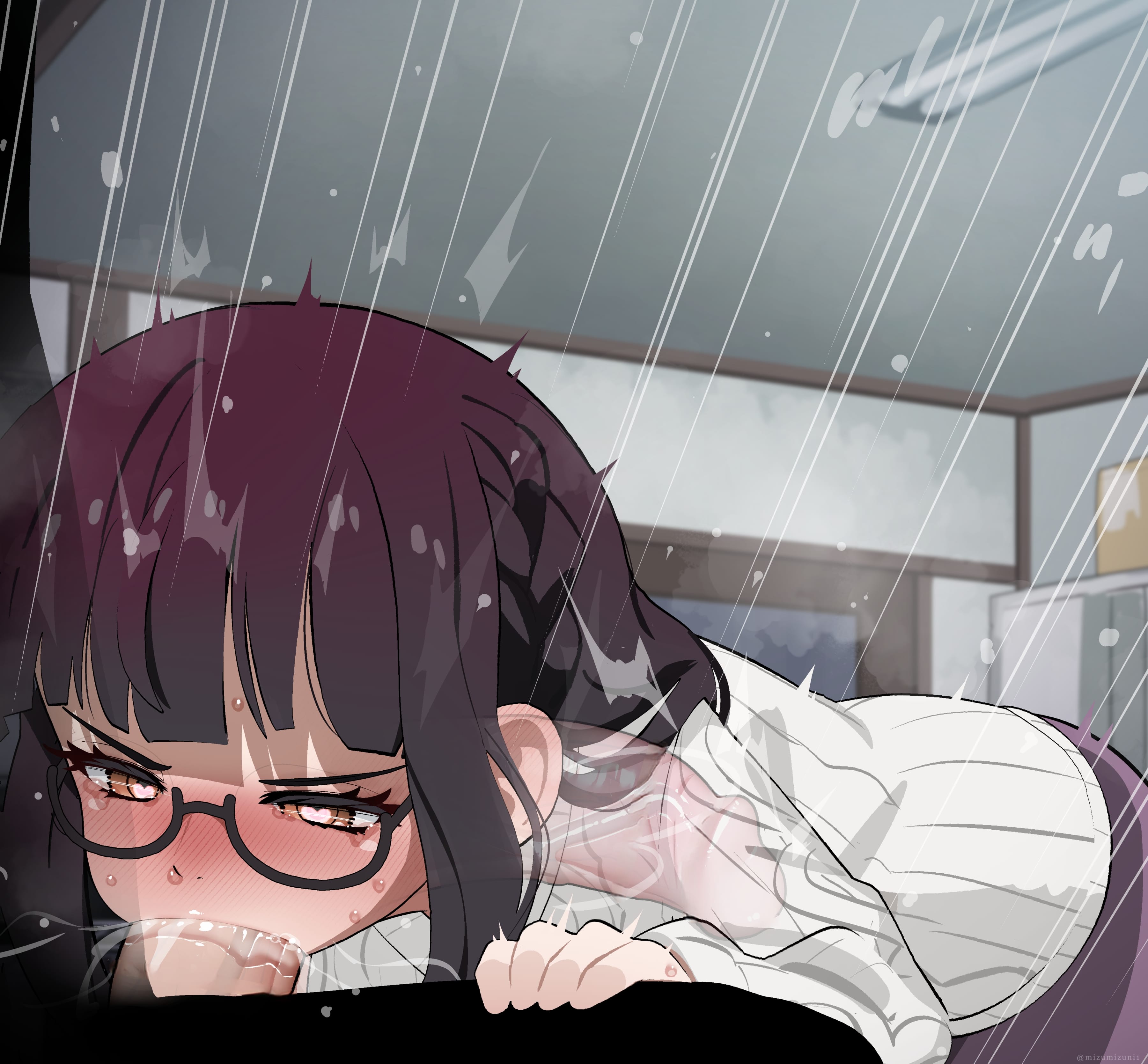 1boy, 1girls, absurd res, all the way to the base, big breasts, big penis, blowjob, blush, breasts, clothed female, clothing, dark hair, decensored, deepthroat, erect penis, erection, fellatio, female, fujimiya sumika, fully clothed, glasses, heart-shaped pupils, heavy breathing, highres, huge cock, isekai ojisan, large penis, light skin, light-skinned female, light-skinned male, long hair, male, mizumizuni, oral, penis, saliva, sweat, sweatdrop, uncensored, veiny penis, visible breath, x-ray