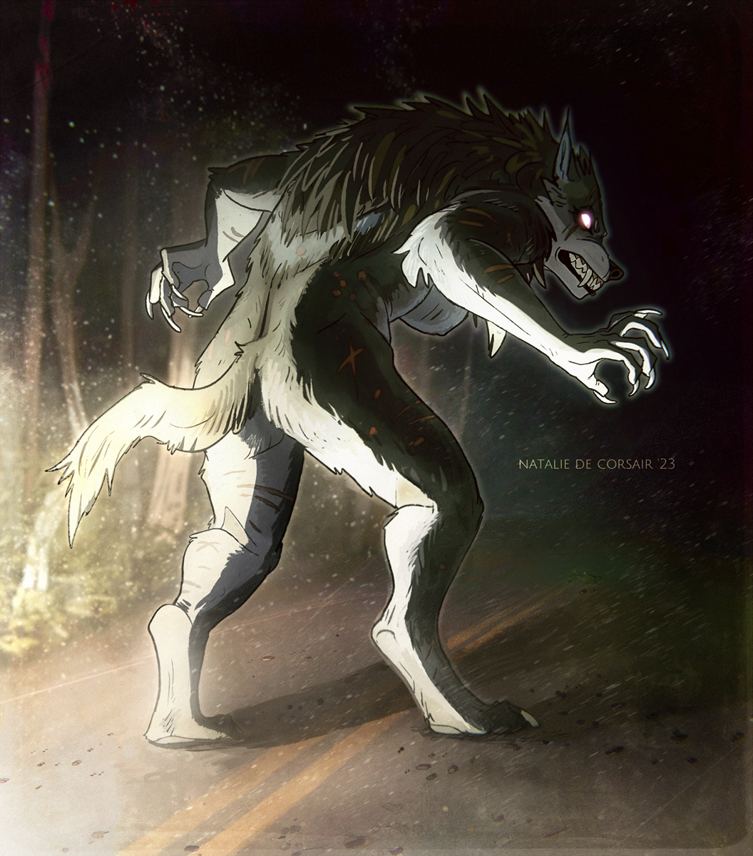 2023 5_fingers anthro arm_scar artist_logo artist_name ass breasts canid canine canis claws detailed_background digital_media_(artwork) facial_scar feet female fingers forest frown full-length_portrait fur glowing glowing_eyes grey_body grey_fur hair headlights hi_res leg_scar logo looking_back mammal muscular muscular_anthro muscular_female mythological_canine mythological_creature mythology natalie_de_corsair outside plant portrait raha_(natalie_de_corsair) rear_view road scar sharp_teeth side_boob solo tail teeth thigh_scar toe_claws toes tree tuft were werecanid werecanine werewolf wolf