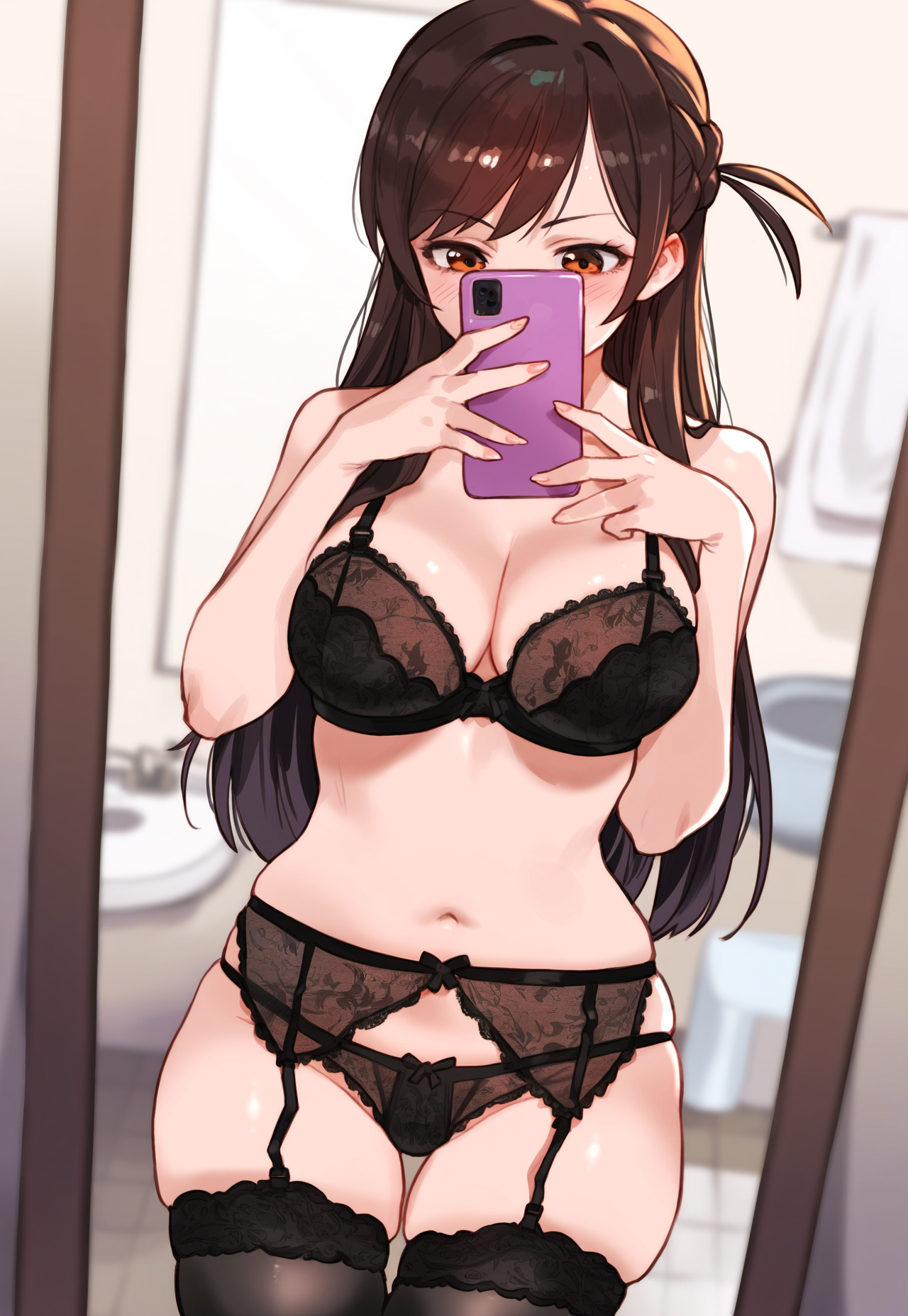 1girls, ai generated, breasts, brown hair, female, garter straps, kanojo okarishimasu, light skin, light-skinned female, lingerie, mirror, mirror selfie, mizuhara chizuru, nai diffusion, seductive, selfie, stable diffusion, teasing, thighhighs