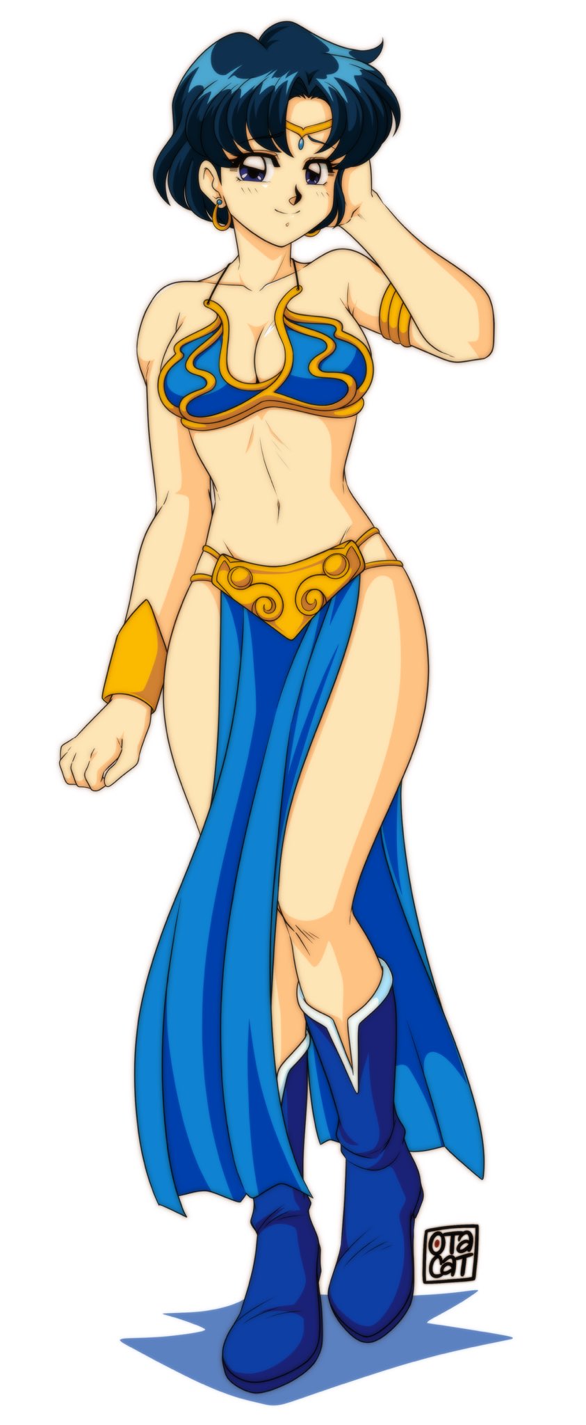 0tacat, ami mizuno, belly dancer, belly dancer outfit, bishoujo senshi sailor moon, blue eyes, blue hair, blush, boots, bracelet, breasts, cleavage, clothing, earrings, female, female only, harem girl, harem outfit, large breasts, loincloth, looking at viewer, medium breasts, sailor mercury, short hair, slave, slave bikini, slave collar, slave girl, slave leia (cosplay), slave outfit